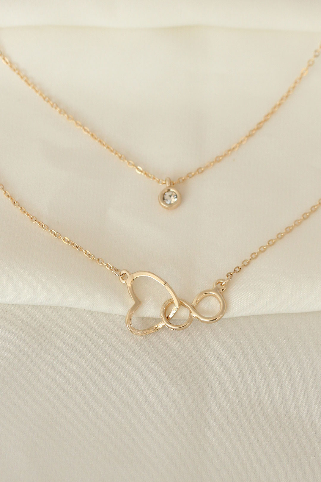 Kalp ve Sonsuzluk Model Zirkon Taşlı Gold Metal Zincirli Kolye