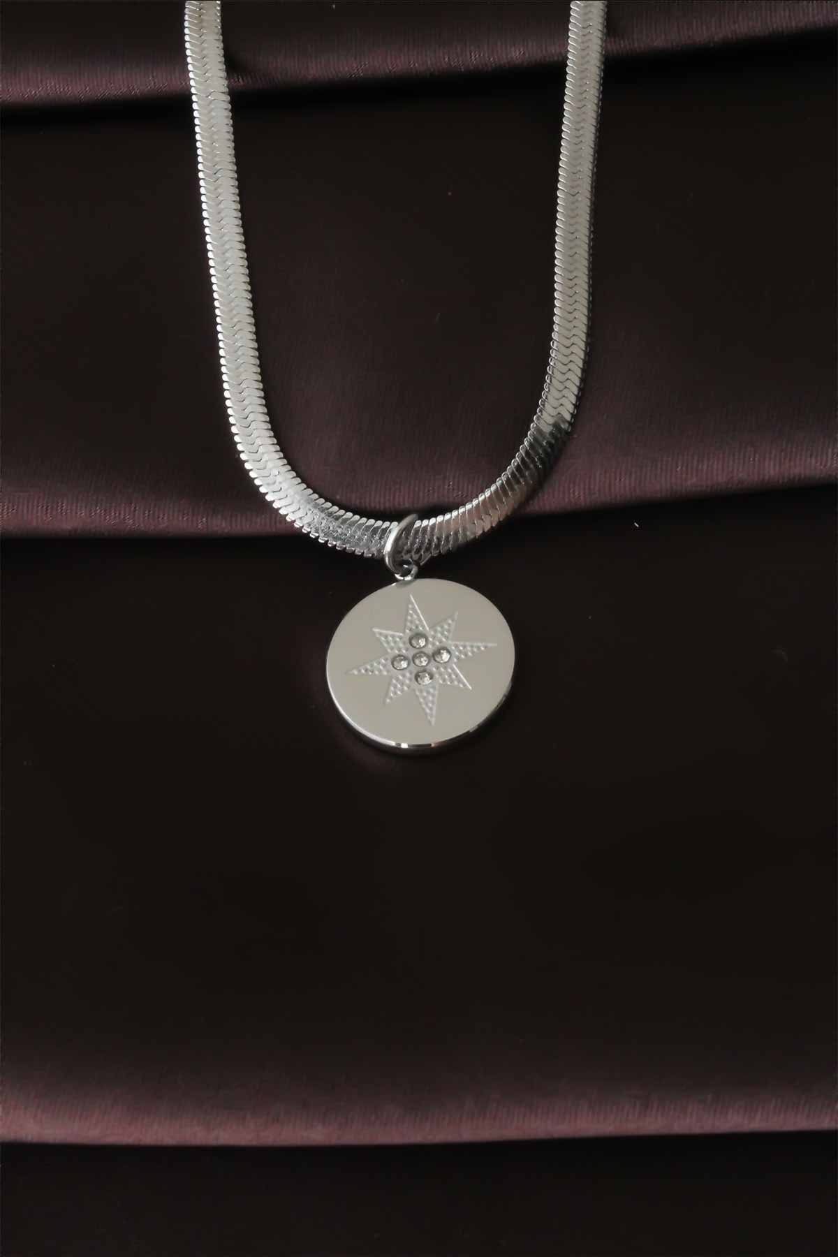 İtalyan Zincir Kutup Yıldız Figürlü Gümüş Renk Çelik Kadın Kolye