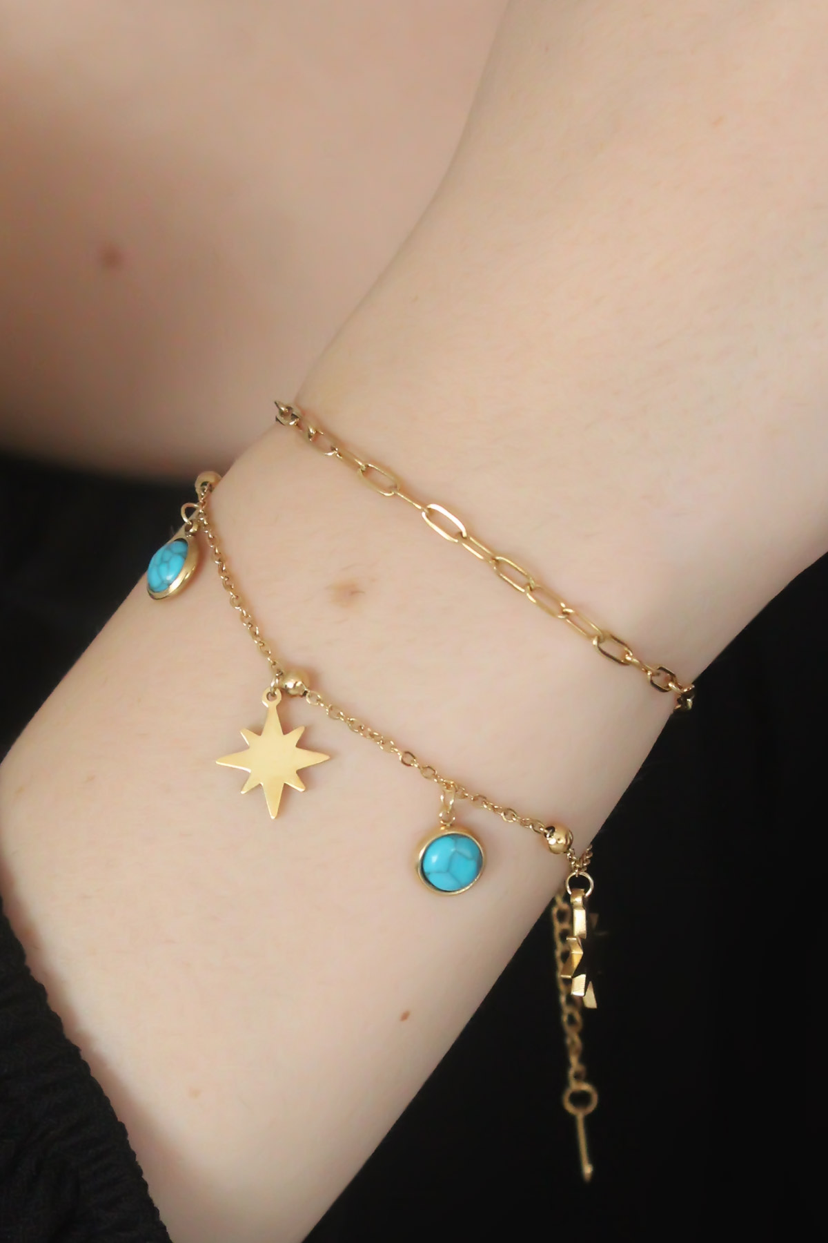 Gold Renk Kutup Yıldızı Mavi Boncuk Detay Çelik Kadın Bileklik