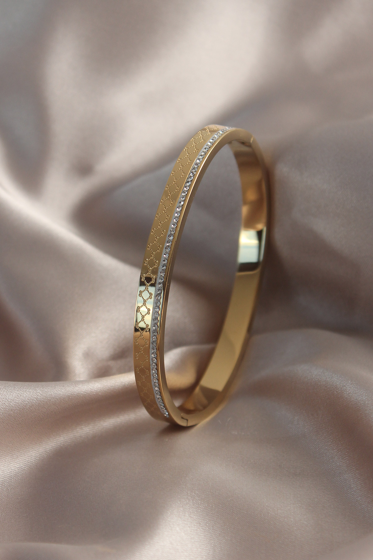 316L Çelik Gold Renk Motif İşleme Zirkon Taşlı Kadın Kelepçe