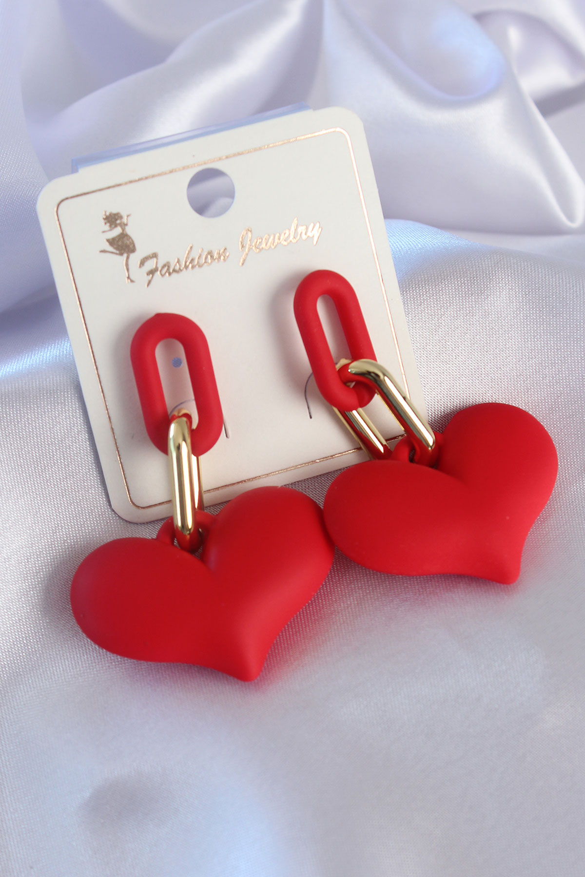 Gold Renk Kırmızı Kalp Model Kadın Küpe Gold Renk Kırmızı Kalp Model Kadın Küpe