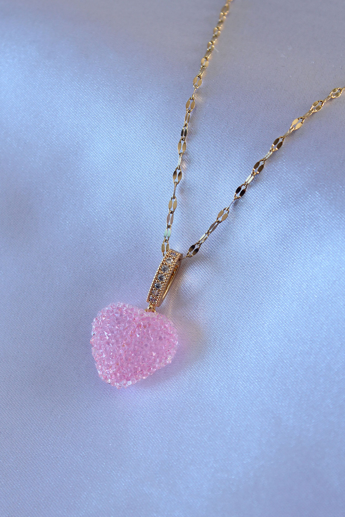 316L Çelik Gold Renk 3D Pembe Kristal Kalp Model Kadın Kolye 316L Çelik Gold Renk 3D Pembe Kristal Kalp Model Kadın Kolye