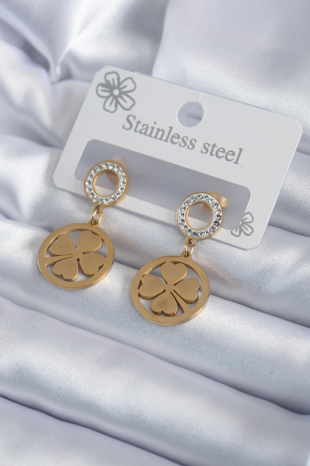 316L Çelik Gold Renk Zirkon Taşlı Yonca Model Kadın Küpe