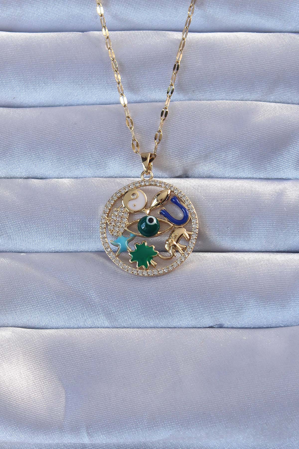 Altın Renk Zirkon Taşlı Şans Kolye