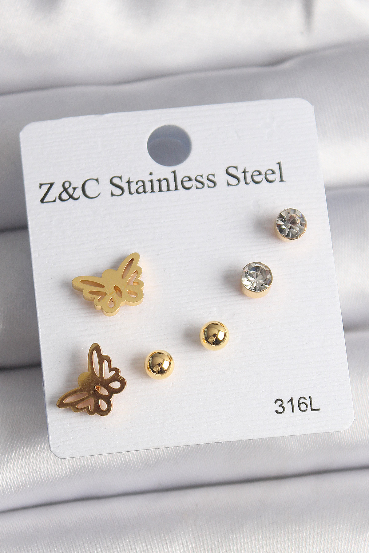 Çelik Gold Renk Zirkon Taşlı Kelebek Figür Kadın Küpe Seti