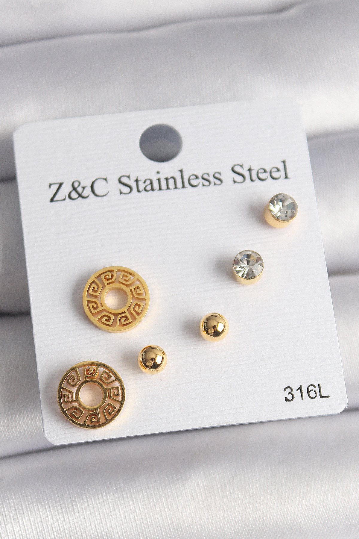 Çelik Gold Renk Zirkon Taşı Labirent Model Kadın Küpe Seti