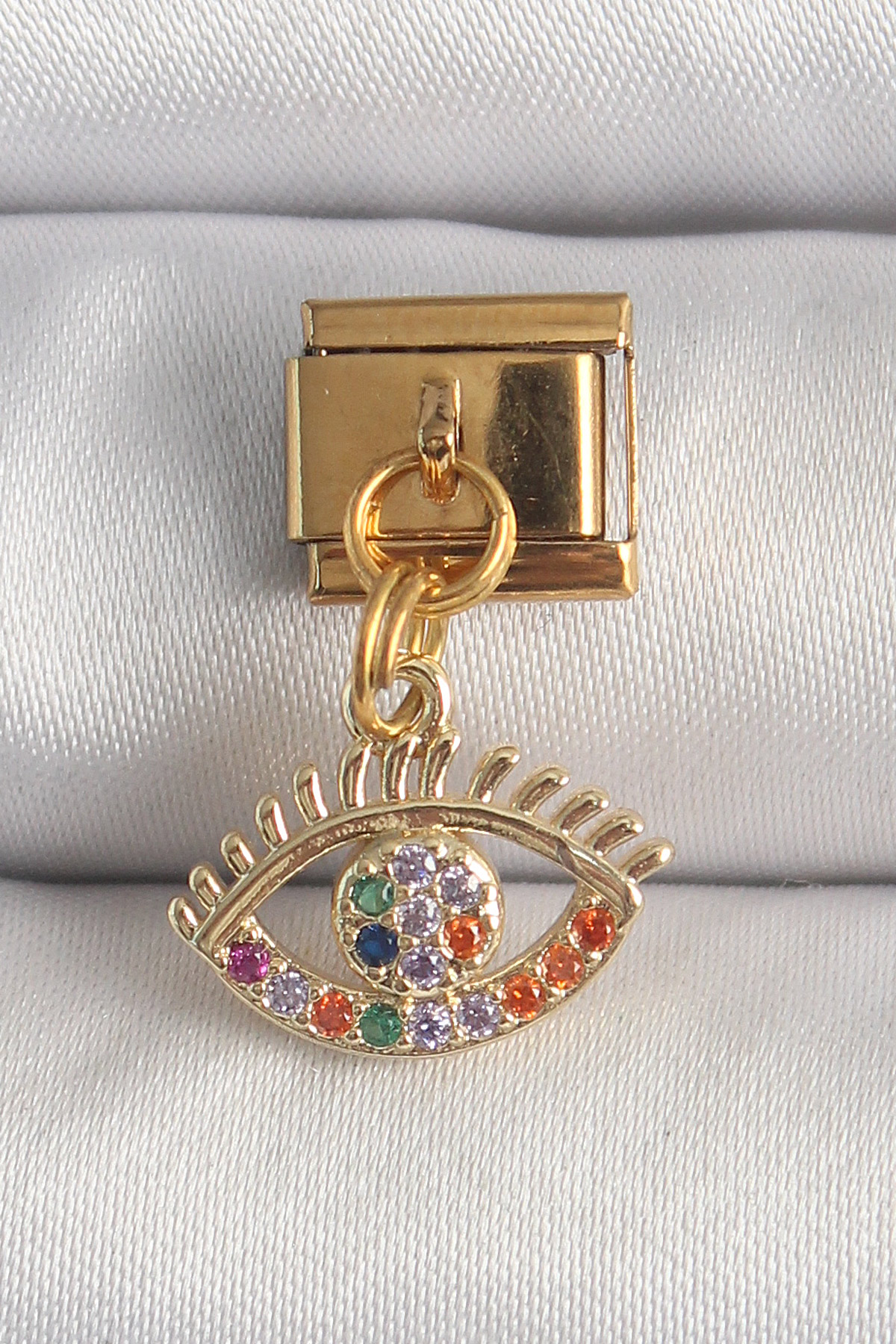 316L Çelik Gold Renk Sallantı Renkli Zirkon Taşlı Göz Model Nomination Charm