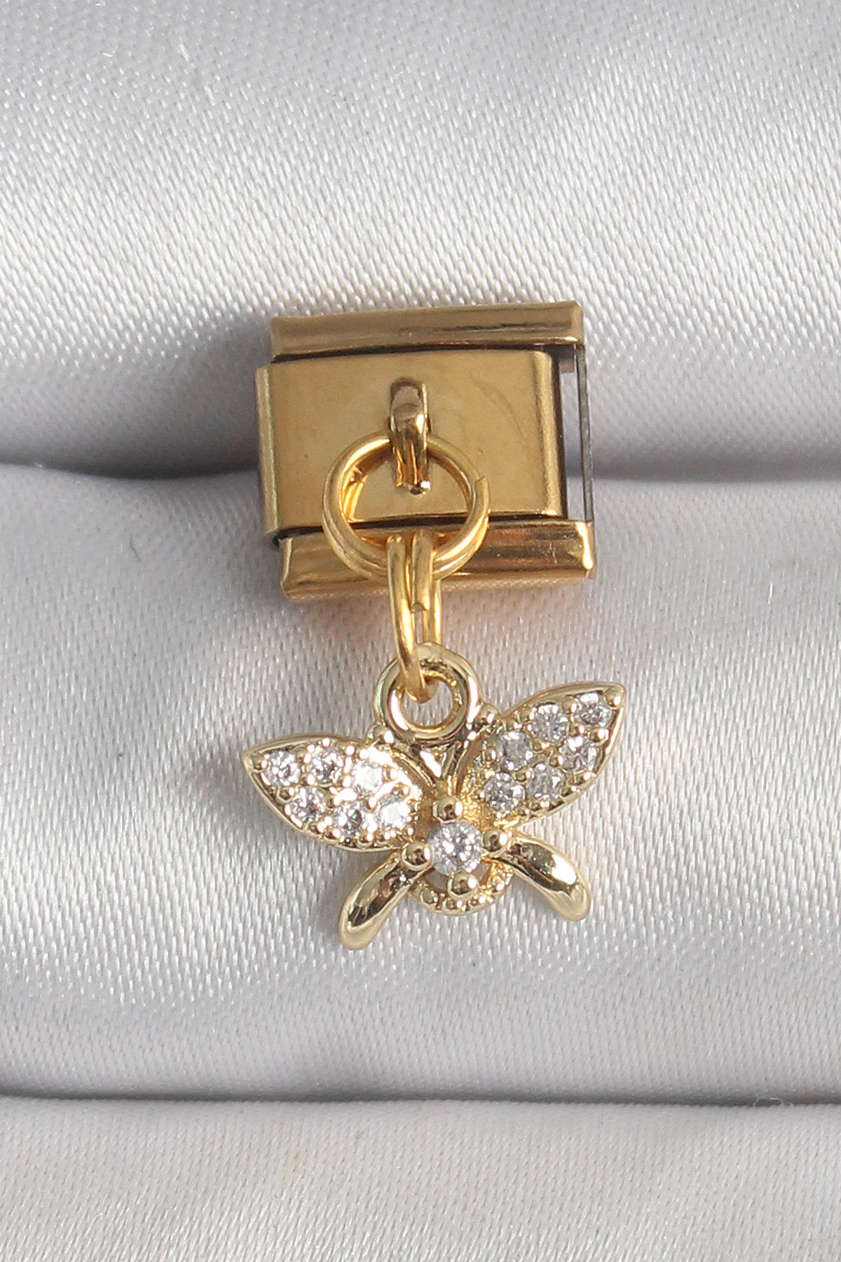 316L Çelik Gold Renk Zirkon Taşlı Kelebek Model Nomination Charm