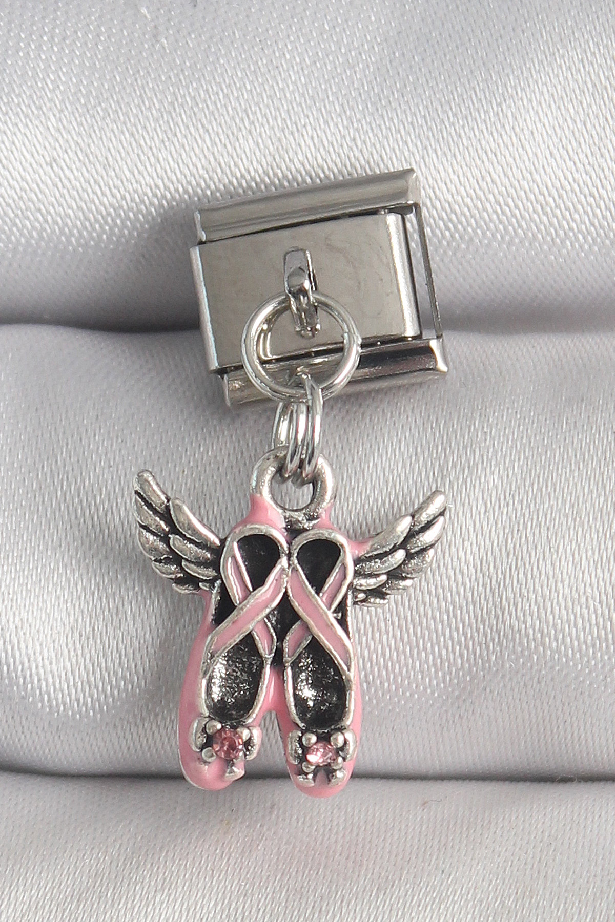 316L Çelik Gümüş Renk Sallantı Pembe Kanatlı Ayakkabı Model Nomination Charm