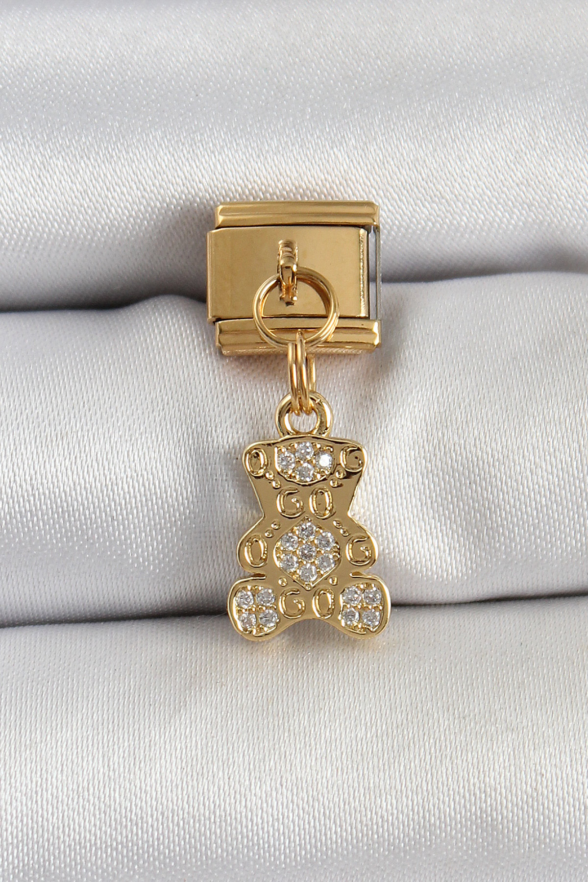 316L Çelik Sallantılı Zirkon Taşlı Ayıcık Model Gold Renk Nomination Charm