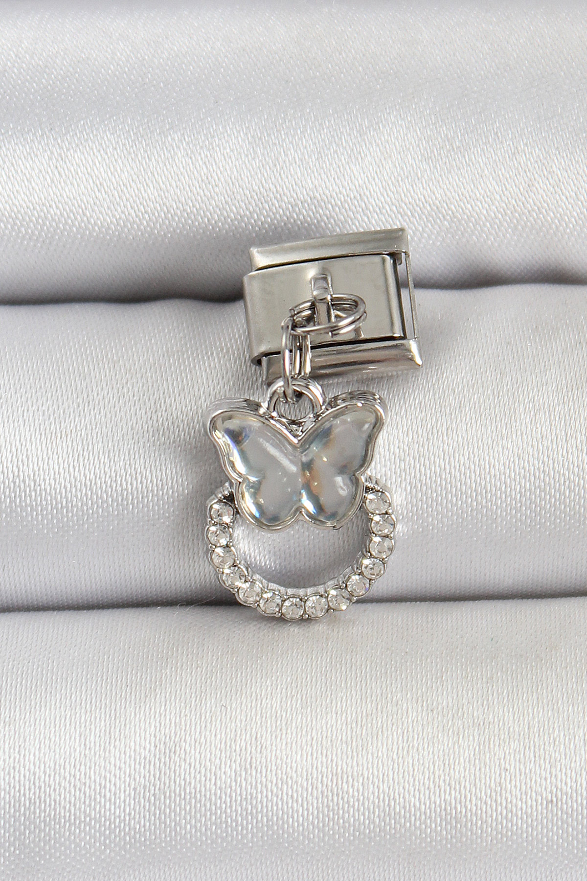 316L Çelik Gümüş Renk Taşlı Kelebek Model Nomination Charm