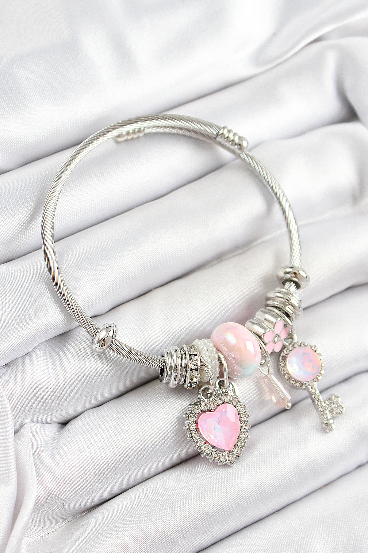 316L Çelik Pembe Zirkon Taşlı Yıldız Anahtar Ve Kalp Model Gümüş Renk Charm Bileklik