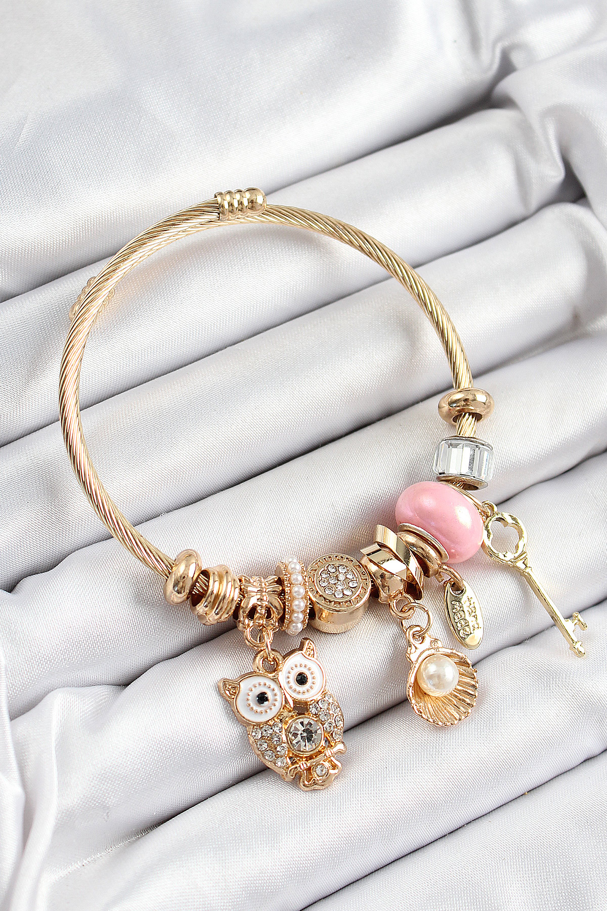 316L Çelik Pembe Zirkon Taşlı Baykuş İstiridye Ve Anahtar Model Gold Renk Charm Bileklik
