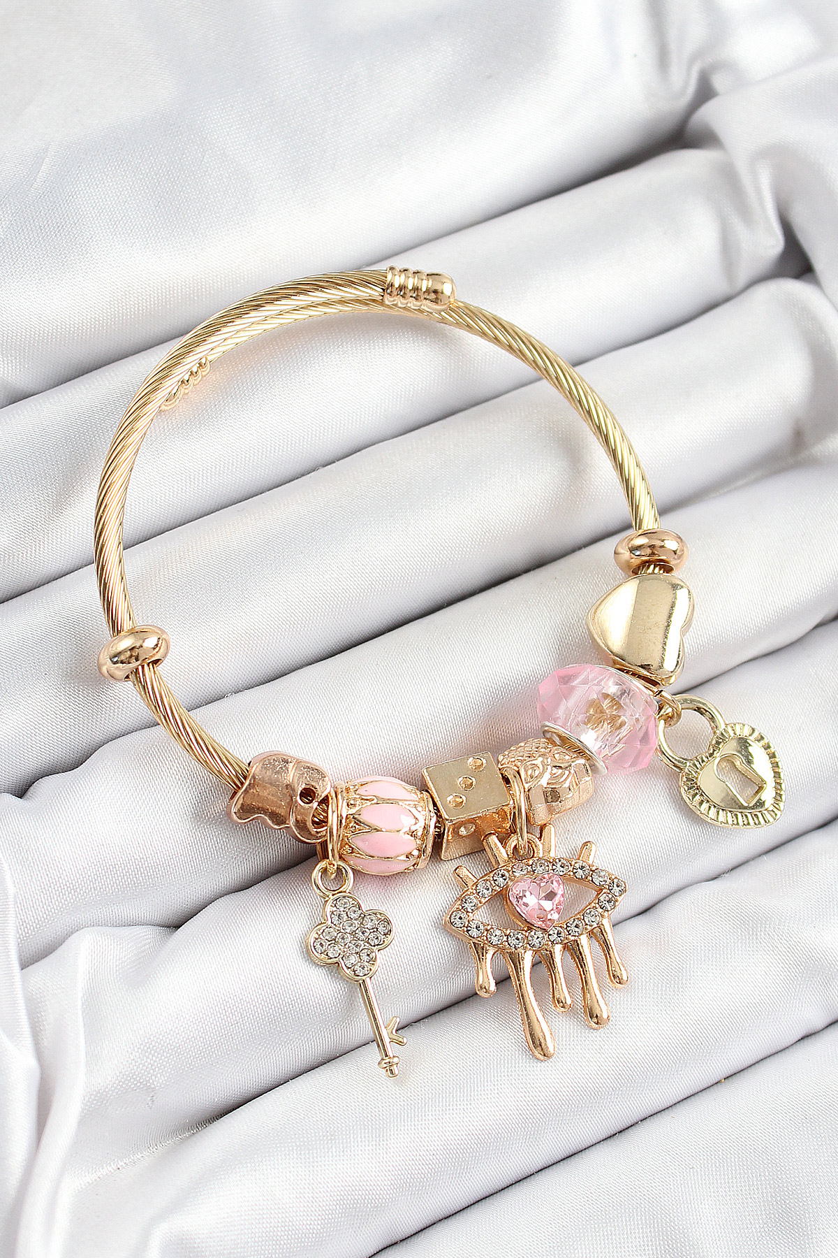 316L Çelik Pembe Zirkon Taşlı Kilit Göz Ve Anahtar Model Gold Renk Charm Bileklik