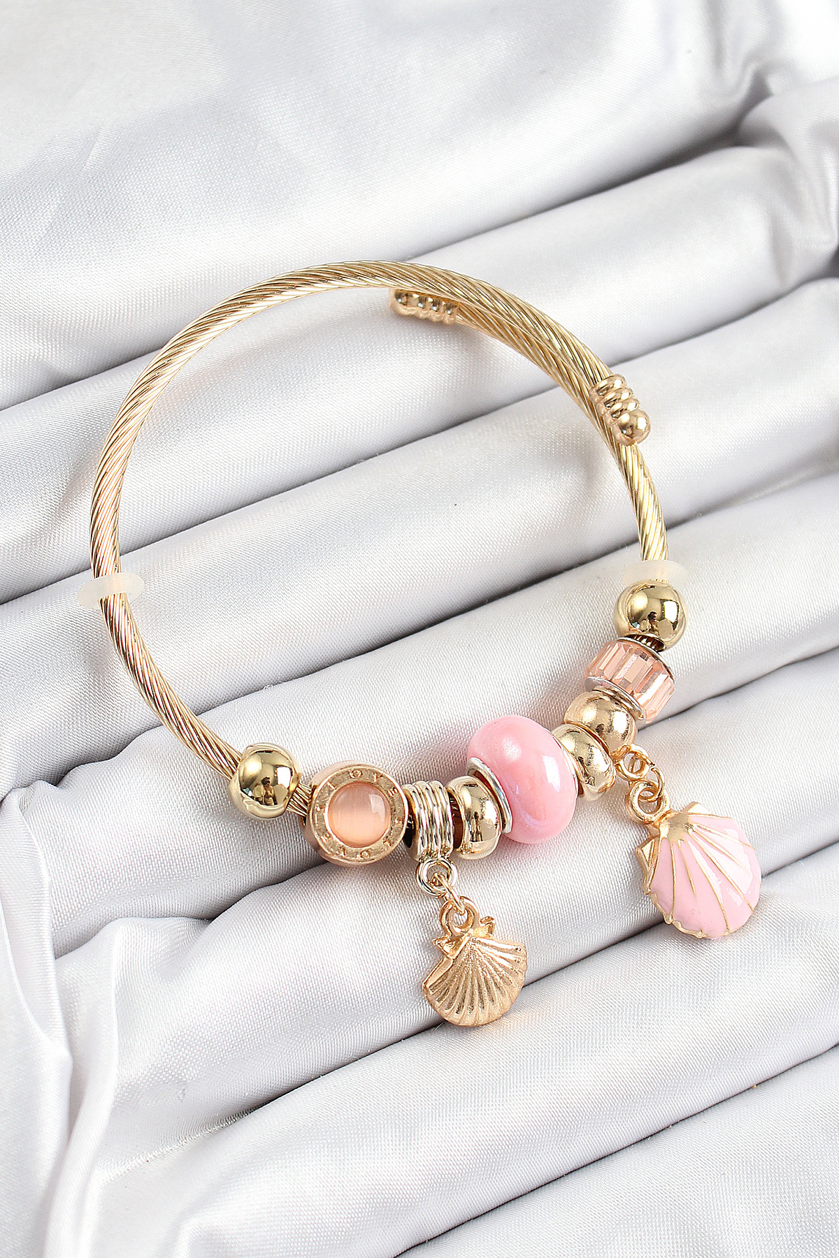 316L Çelik Pembe İstiridye Model Gold Renk Charm Bileklik