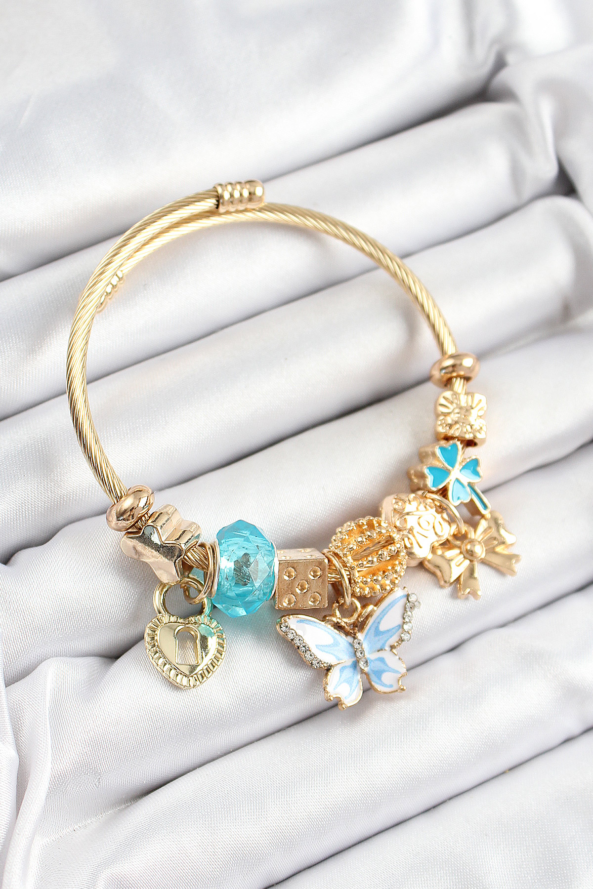 316L Çelik Mavi Zirkon Taşlı Kelebek Fiyonk Ve Kilit Model Gold Renk Charm Bileklik