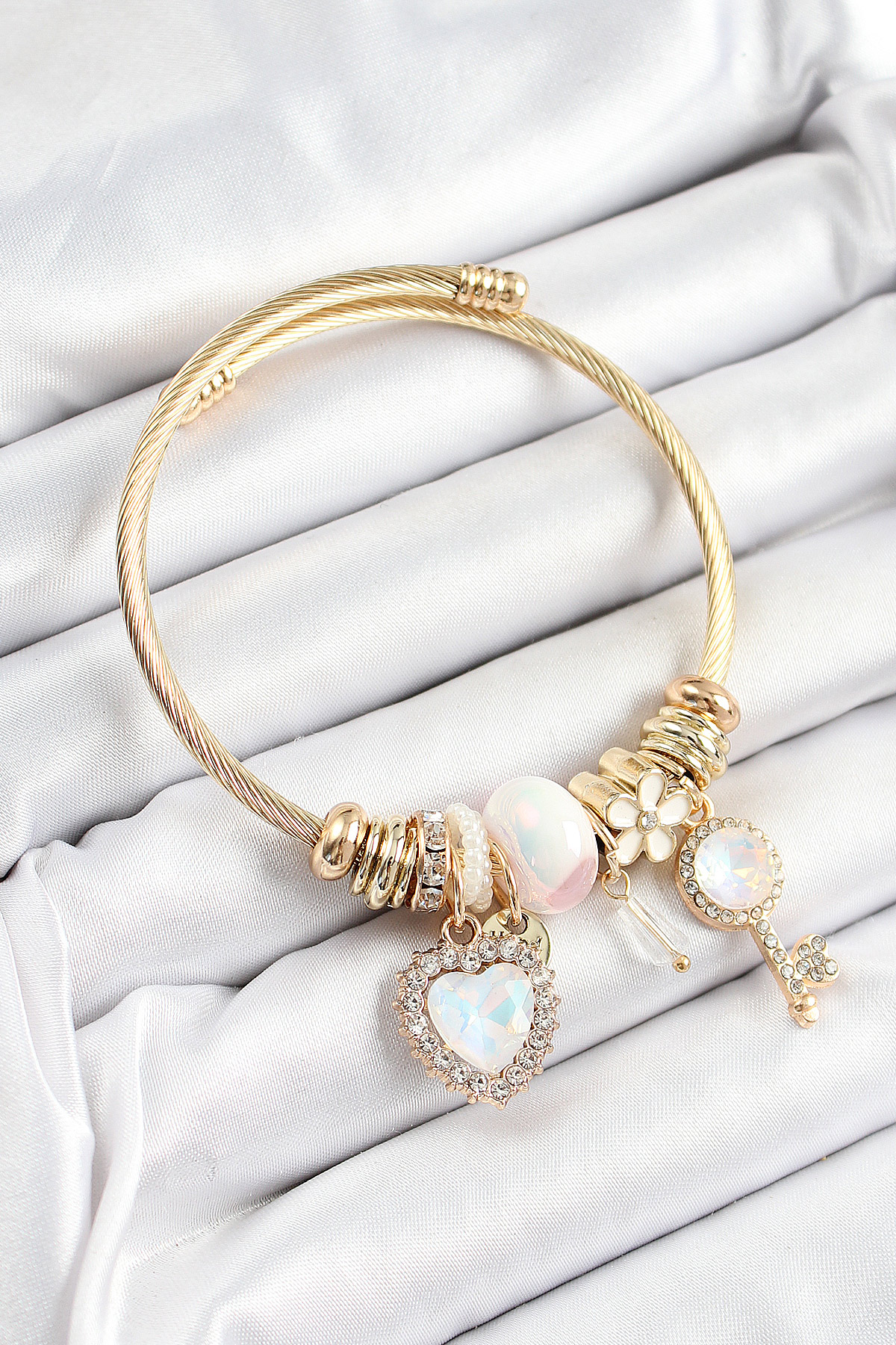 316L Çelik Beyaz Zirkon Taşlı Anahtar Ve Kalp Model Gold Renk Charm Bileklik