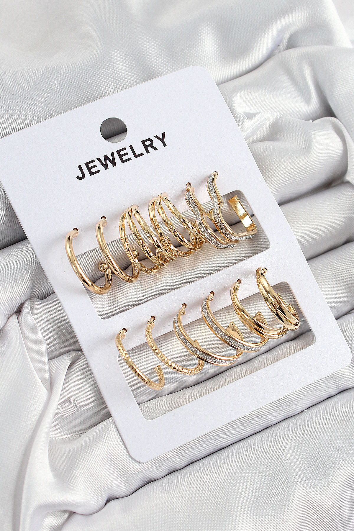 Pirinç Karışık Halka Model Gold Renk 6 Çift Kadın Küpe Set