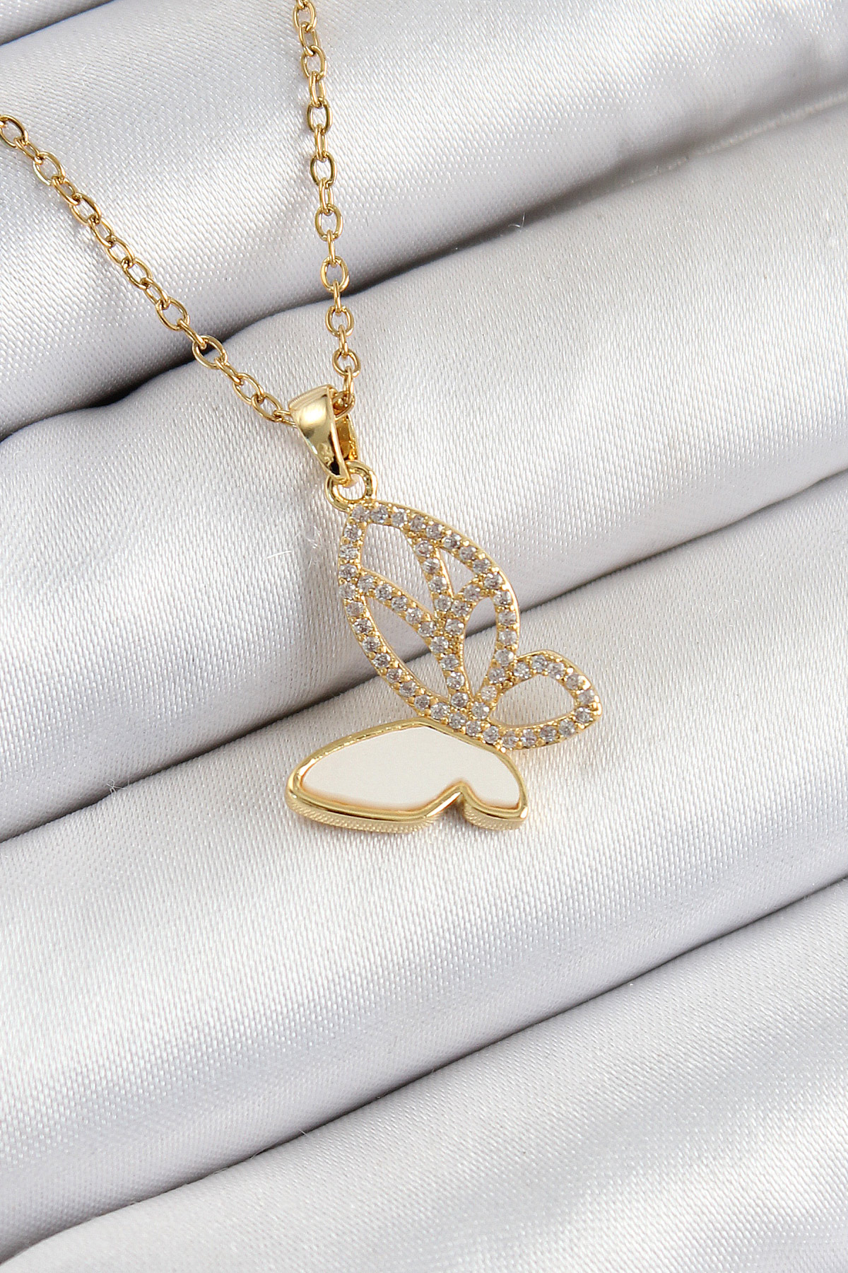 316L Çelik Zirkon Taşlı Kelebek Model Gold Renk Kadın Kolye