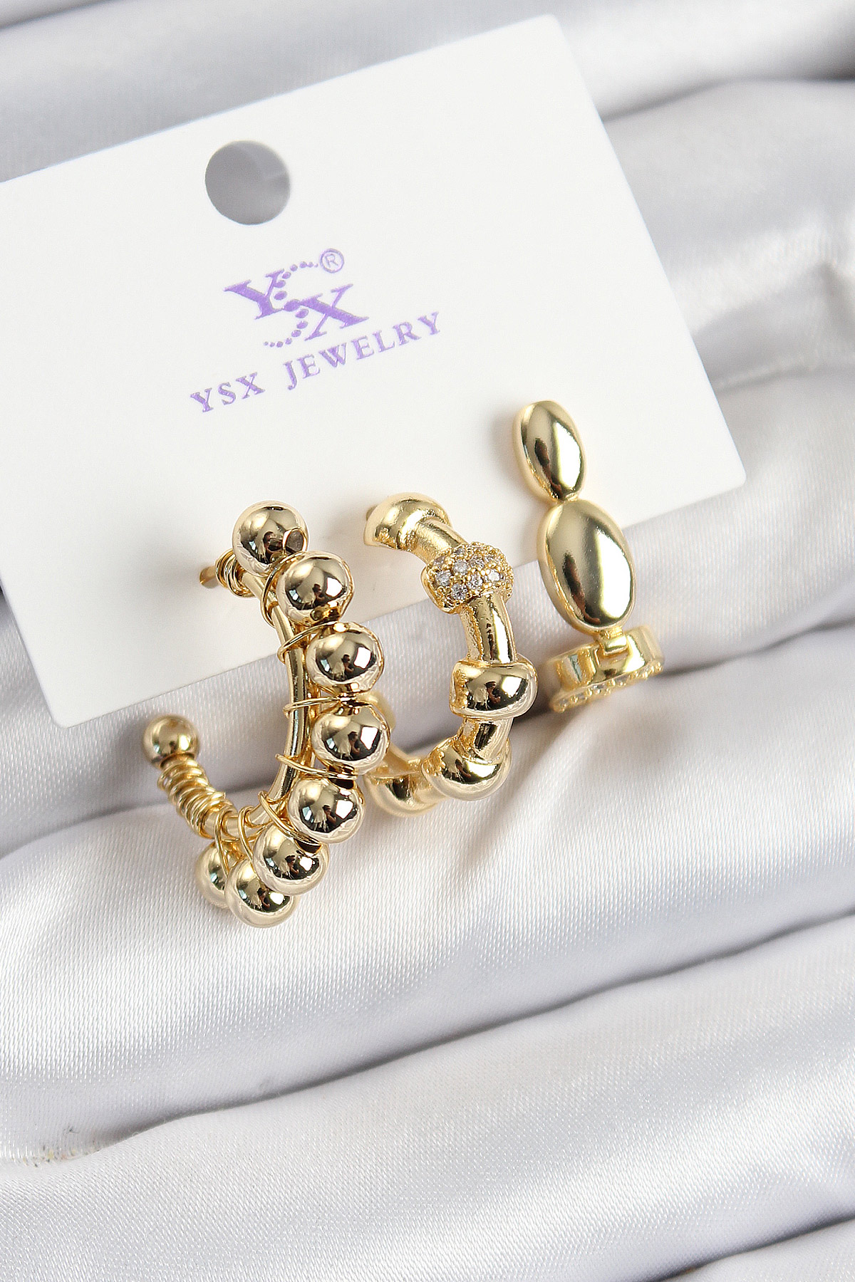 Pirinç Zi̇rkon Taşlı Halka Model Gold Renk 3'Lü Kadın Küpe