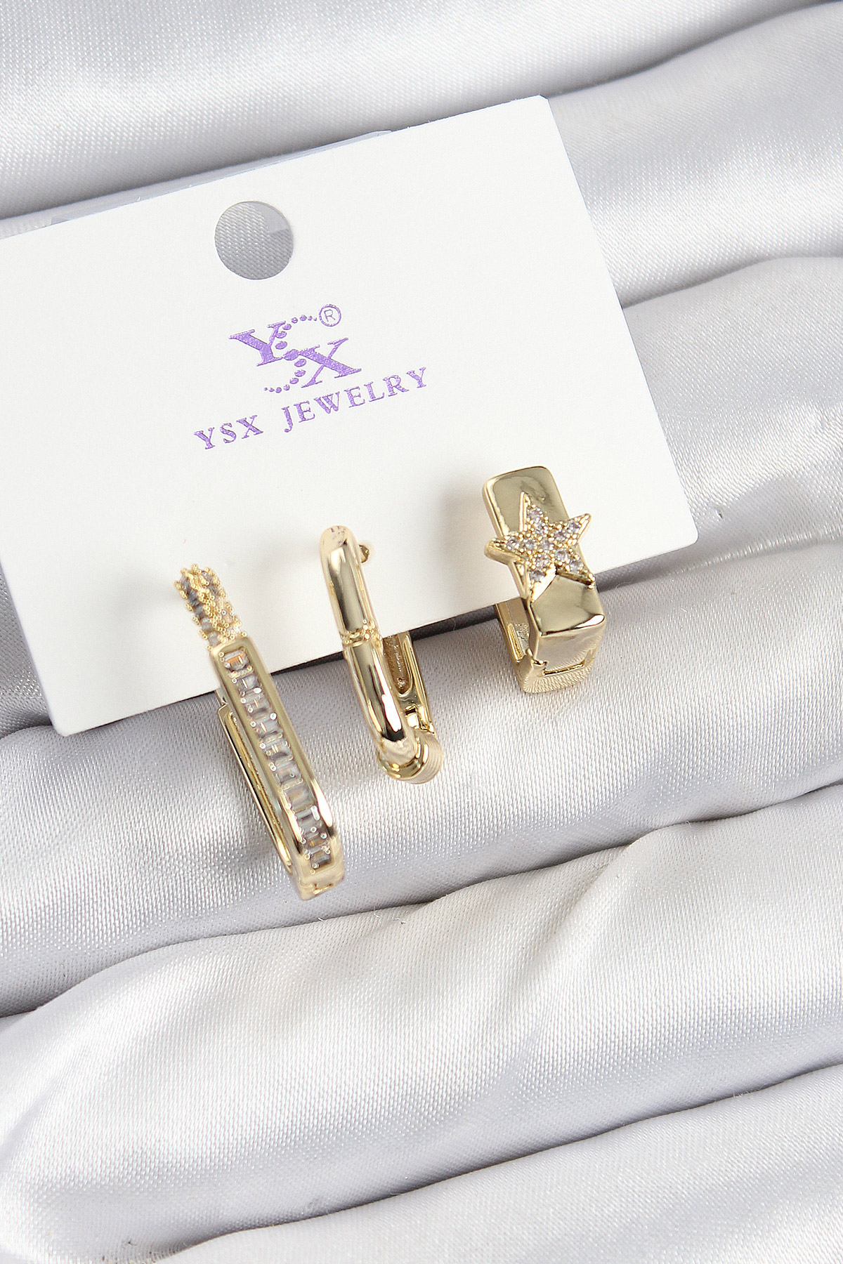 Pirinç Zi̇rkon Taşlı Yıldız Model Gold Renk 3'Lü Kadın Küpe