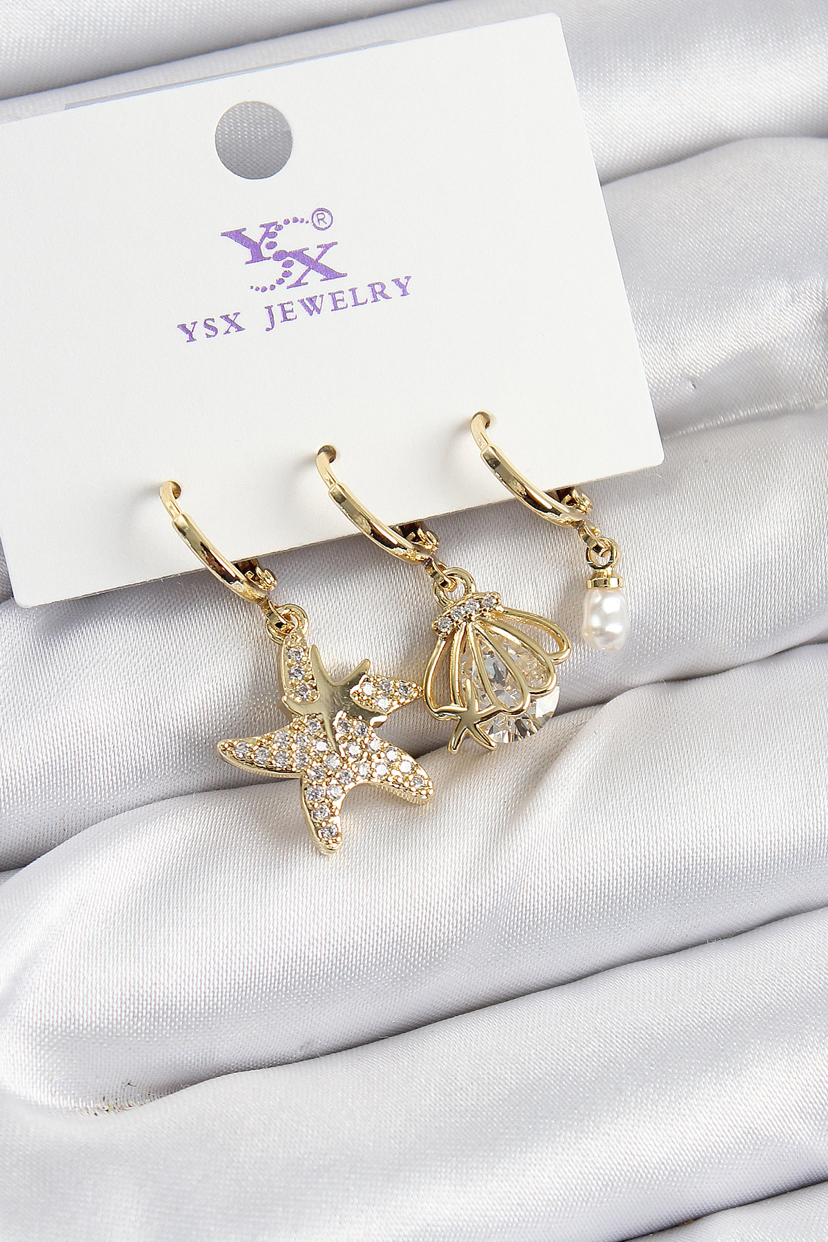 Pirinç Zi̇rkon Taşlı Deniz Yıldızı Ve İstiridye Model Gold Renk 3'Lü Kadın Küpe