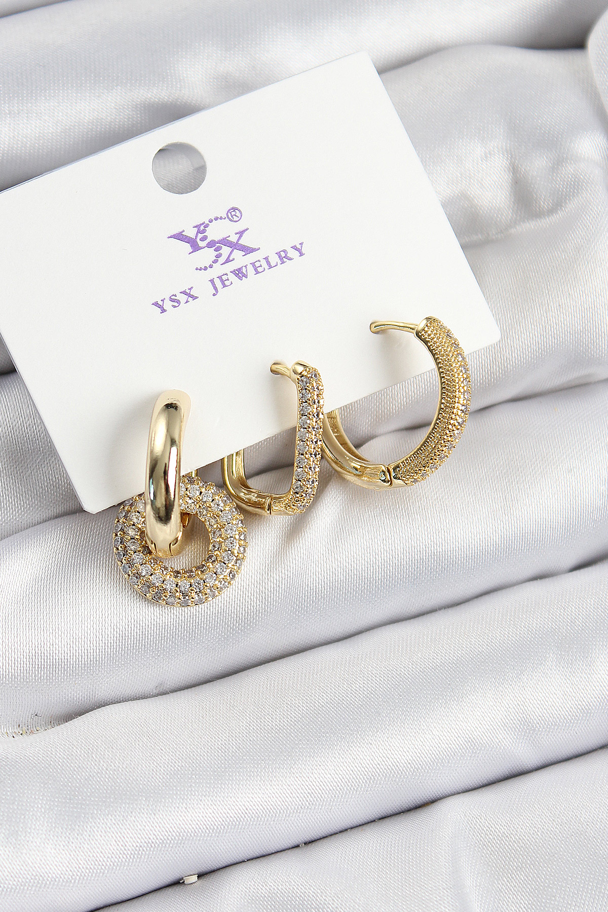 Pirinç Zi̇rkon Taşlı Halka Model Gold Renk 3'Lü Kadın Küpe