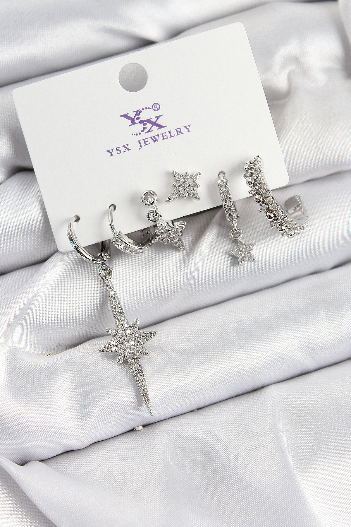 Pirinç Zi̇rkon Taşlı Kutup Yıldızı Model  Renk 3'Lü Çift Kadın Küpe