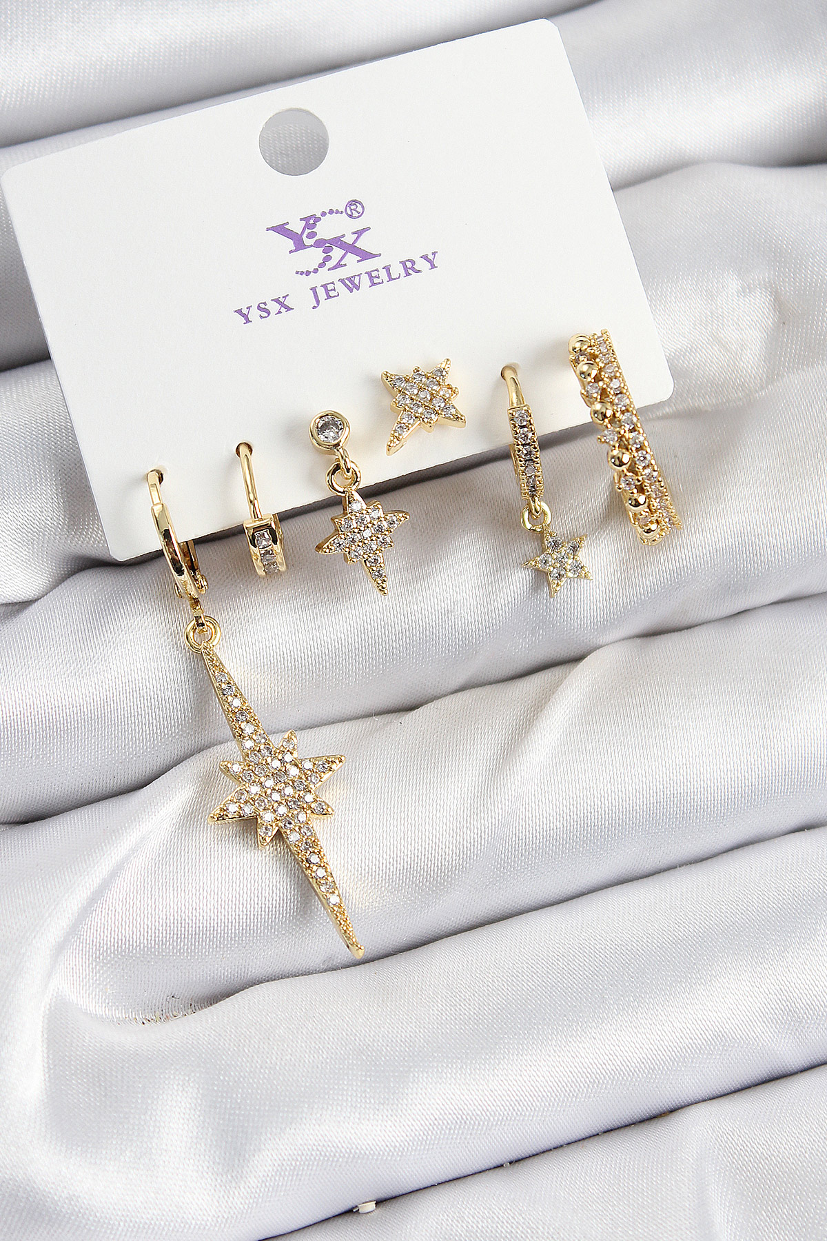 Pirinç Zi̇rkon Taşlı Kutup Yıldızı Model Gold Renk 3'Lü Çift Kadın Küpe