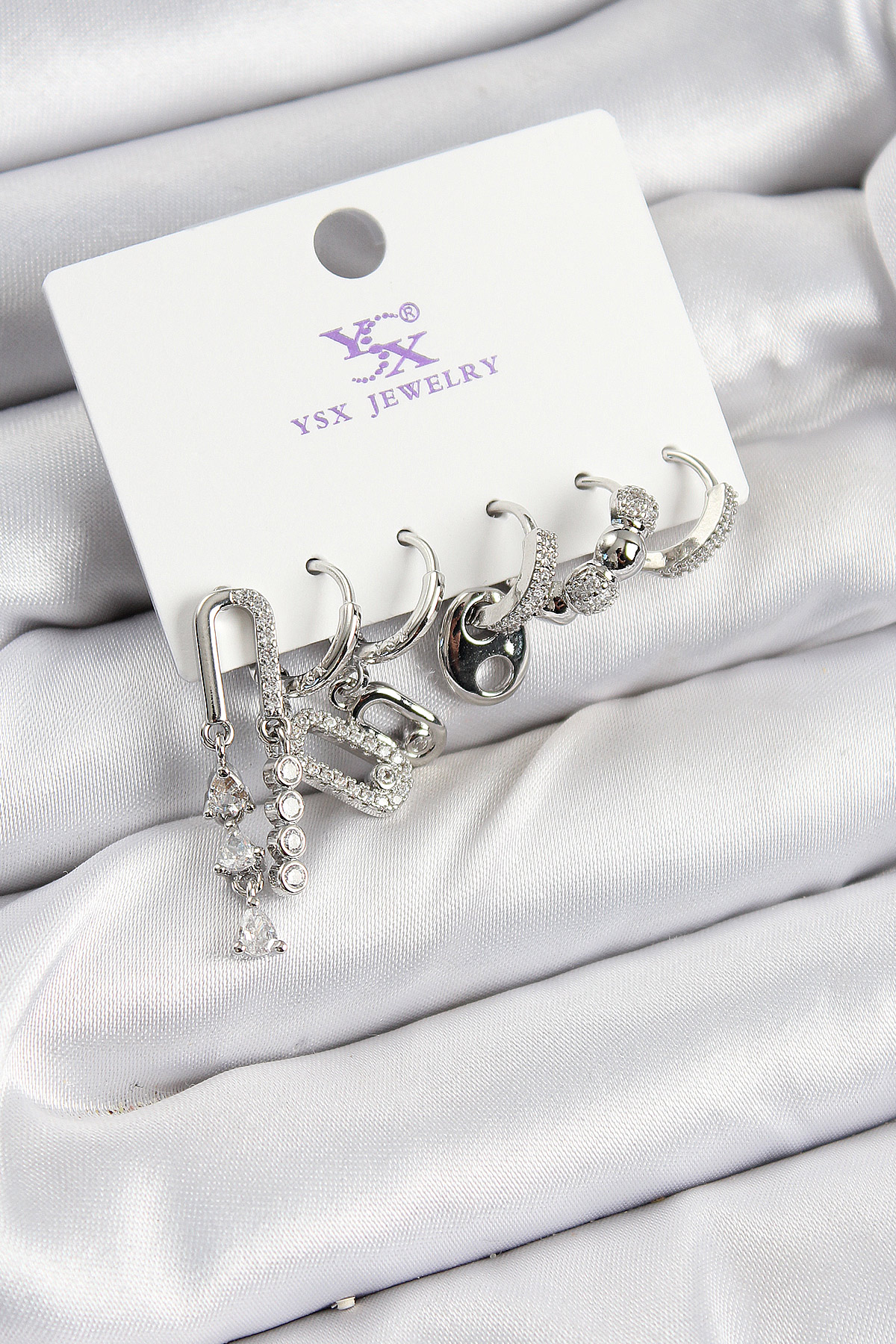 Pirinç Zi̇rkon Taşlı Dikdörtgen Model  Renk 3'Lü Çift Kadın Küpe