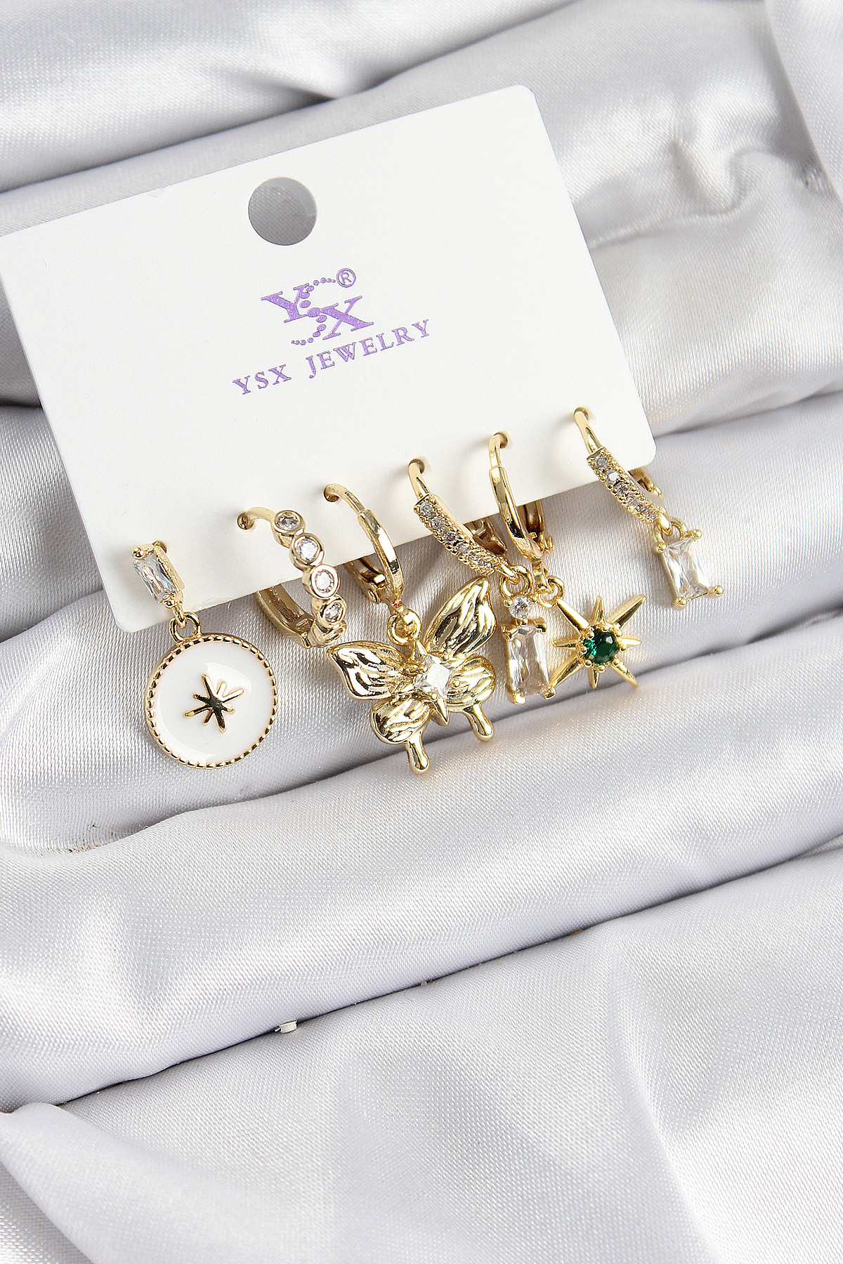 Pirinç Zi̇rkon Taşlı Kelebek Ve Yıldız Model Gold Renk 3'Lü Çift Kadın Küpe