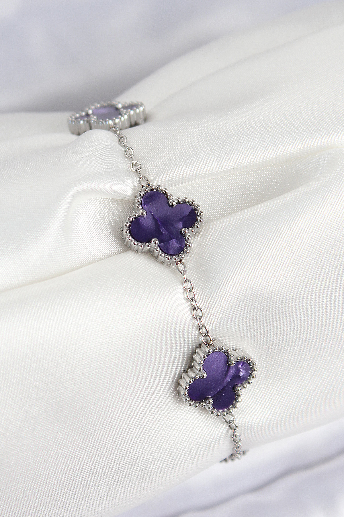 316L Çelik Sedefli Mor Gümüş Renk Yonca Kadın Bileklik