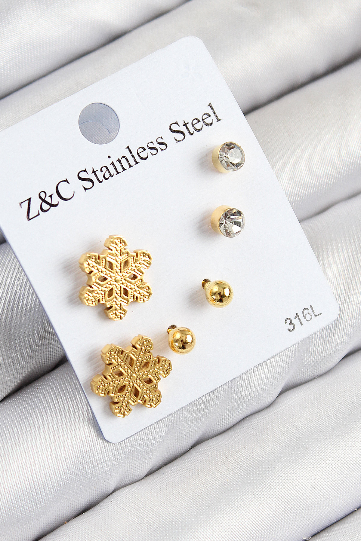 Çelik Zirkon Taşlı Kar Tanesi Model Gold Renk Kadın Set Küpe