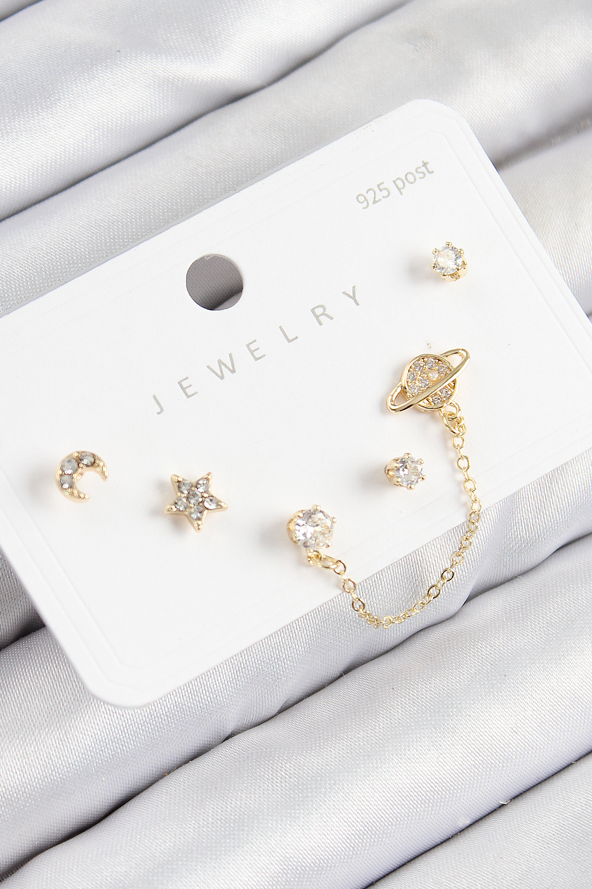 Pirinç Zirkon Taşlı Yıldız Ve Gezegen Model Gold Renk 925 Ayar  Çivi Kadın Küpe Set