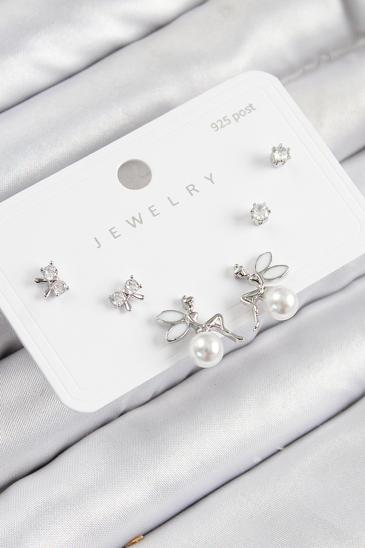 Pirinç Zirkon Taşlı İnci Melek Model Gümüş Renk 925 Ayar Gümüş Çivi Kadın Küpe Set