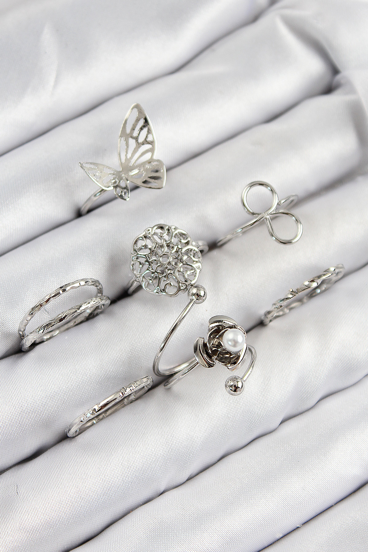 Pirinç Gül Kelebek Model Gümüş Renk Kadın Yüzük Kombin Set