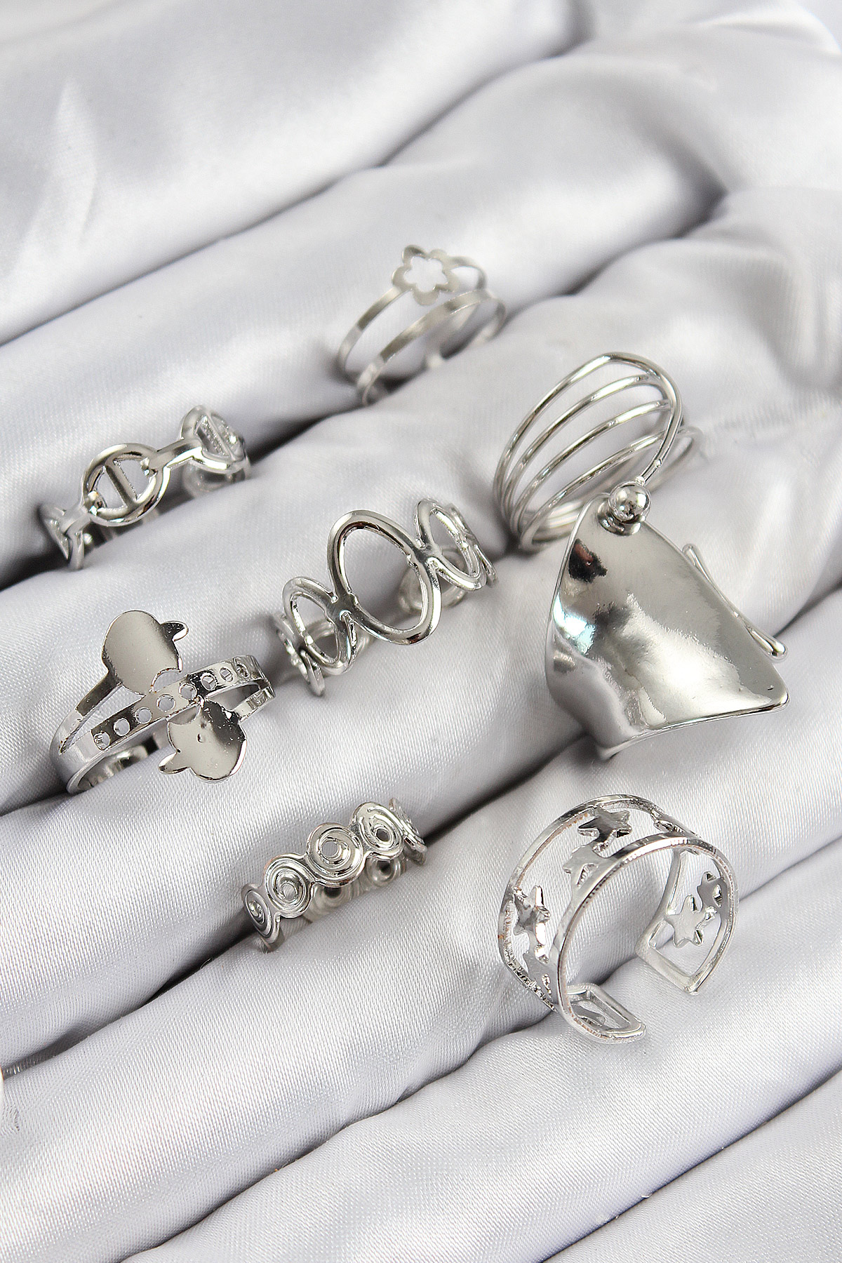 Pirinç Sarmal Ve Yıldız Model Gümüş Renk Kadın Yüzük Kombin Set