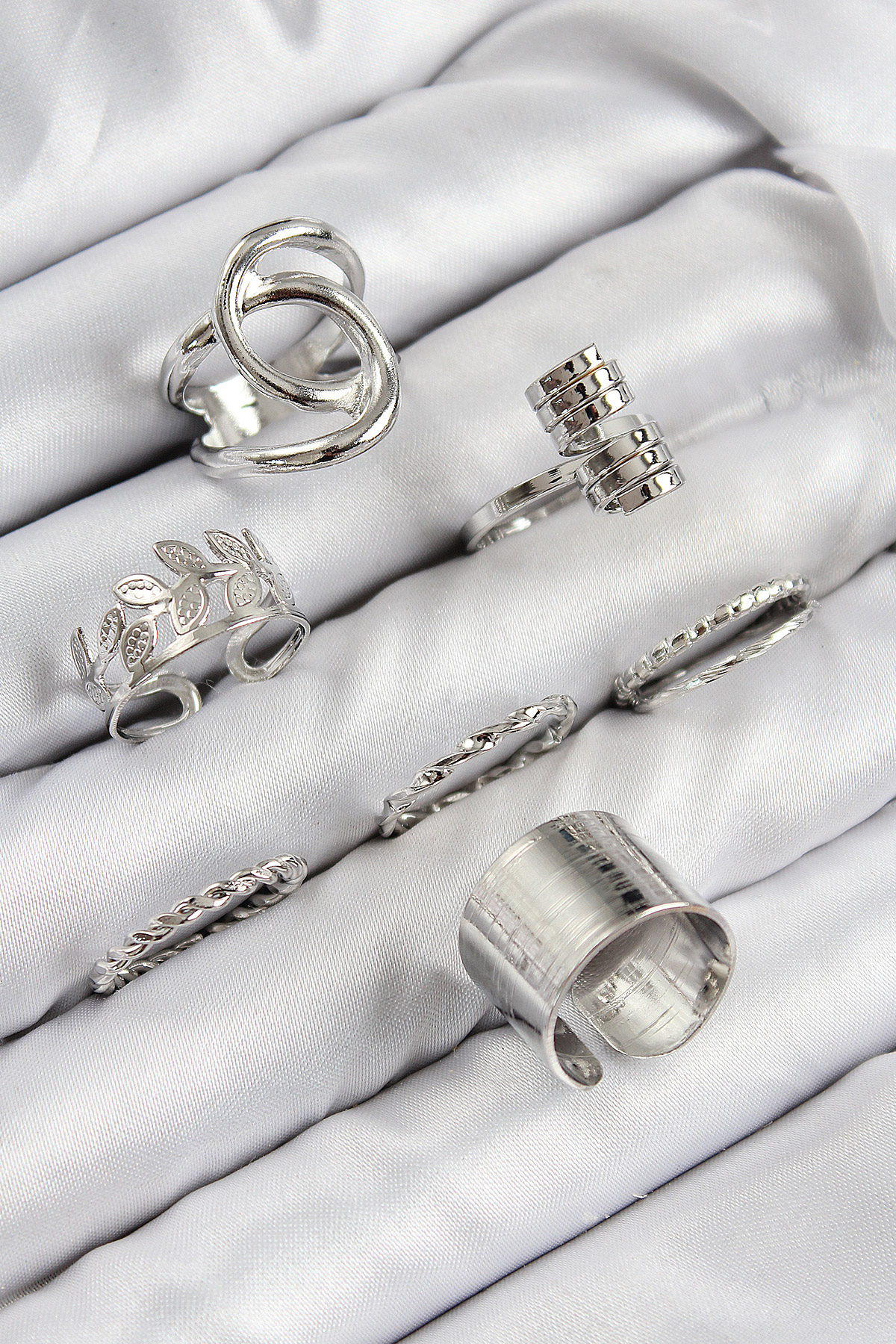 Pirinç Yaprak Model Gümüş Renk Kadın Yüzük Kombin Set