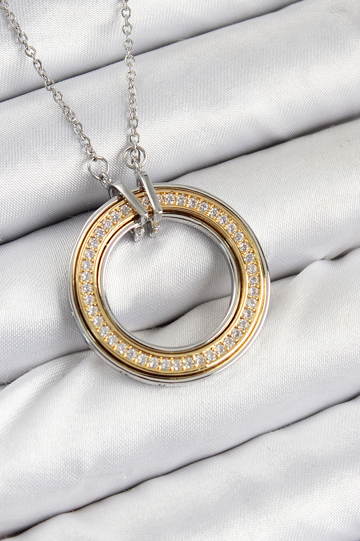 316L Çelik Zirkon Taşlı Dönen Daire Model Gold Ve Gümüş Renk Kadın Kolye