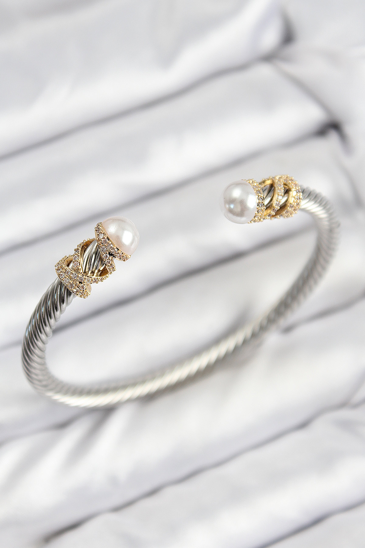 316L Çelik Zirkon Taşlı İnci Model Gold Ve Gümüş Renk Kadın Bileklik