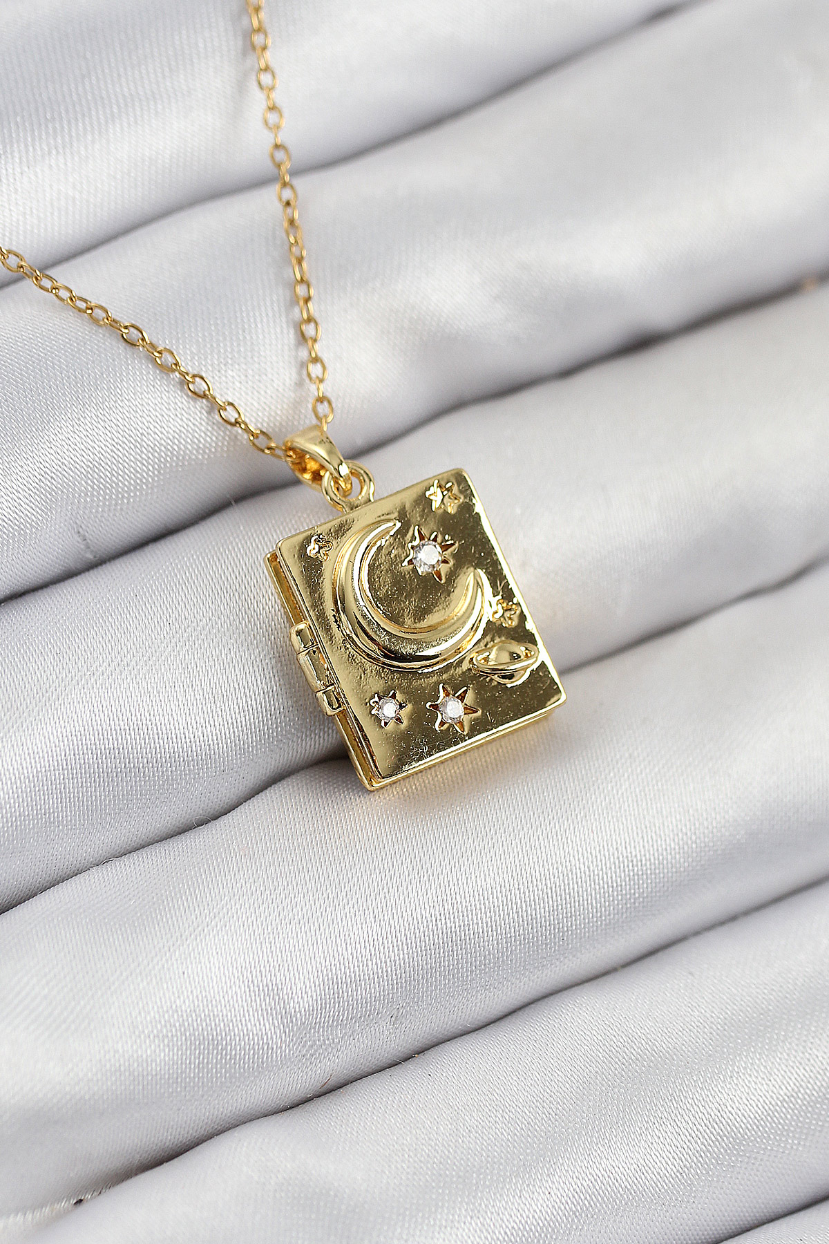 316L Çelik Zirkon Taşlı Açılabilr Kapaklı Kitap Model Gold Renk Kadın Kolye