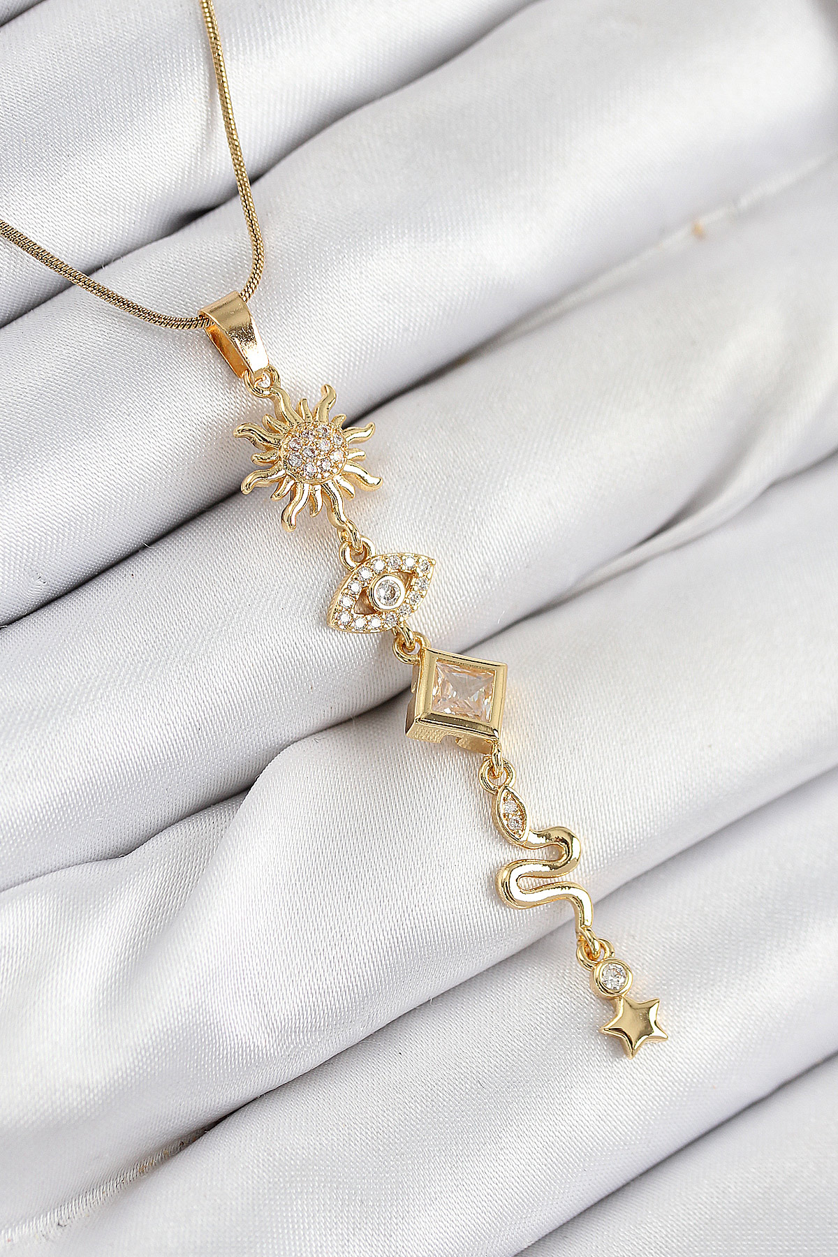 316L Çelik Zirkon Taşlı Güneş Ve Ay Enerji Model Gold Renk Kadın Kolye