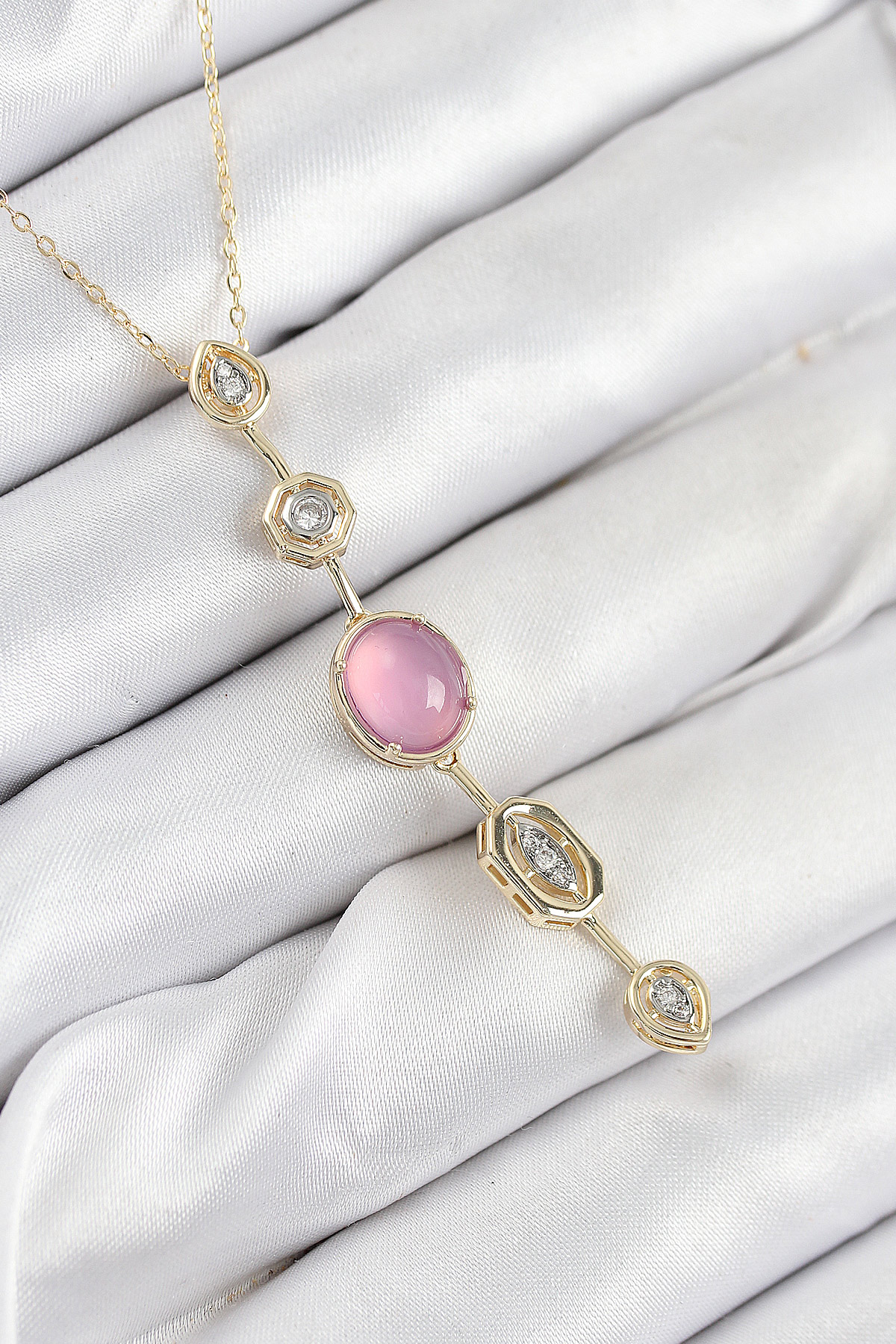 Pirinç Zincir Pembe Gold Renk Zirkon Taşlı Y Kolye