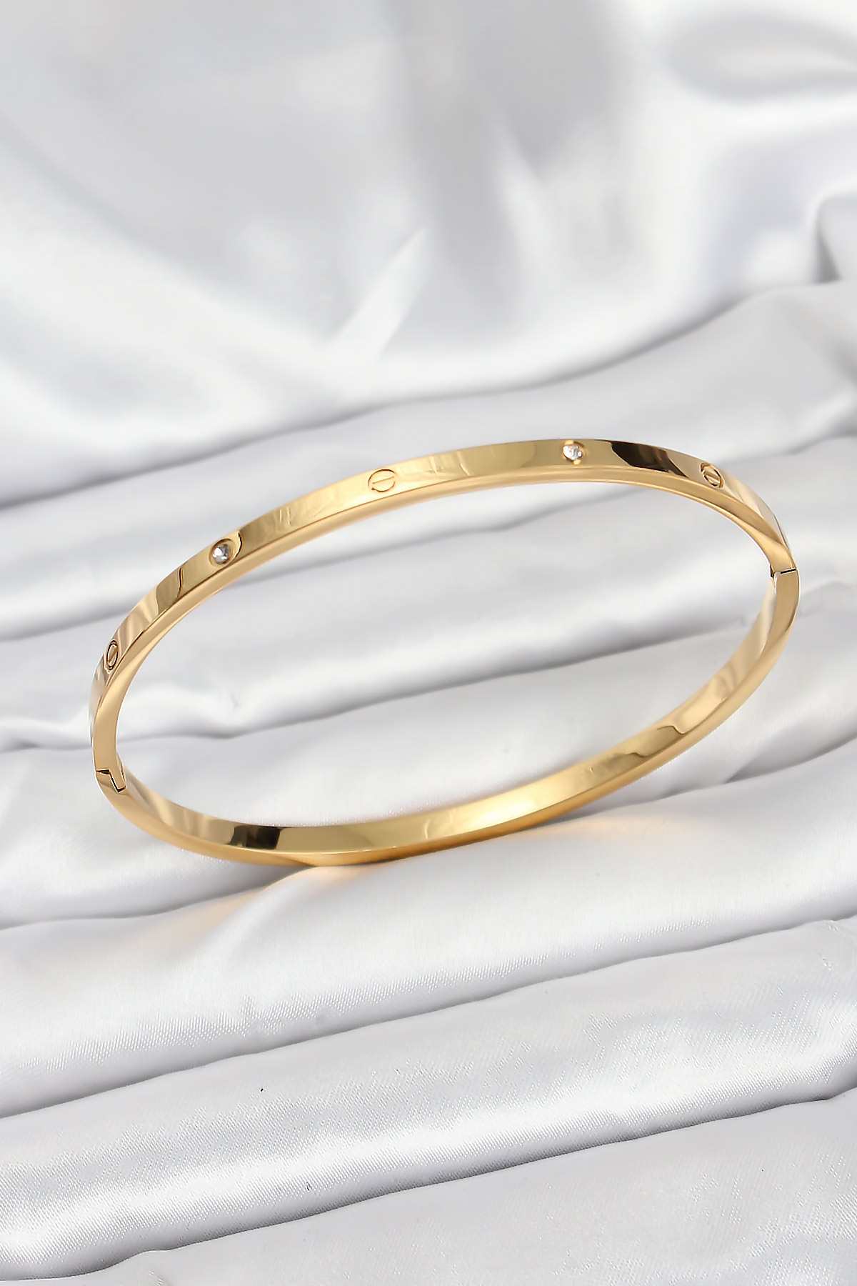 316L Çelik Gold Renk Zirkon Taşlı 65 mm İnce Kadın Kelepçe Bileklik