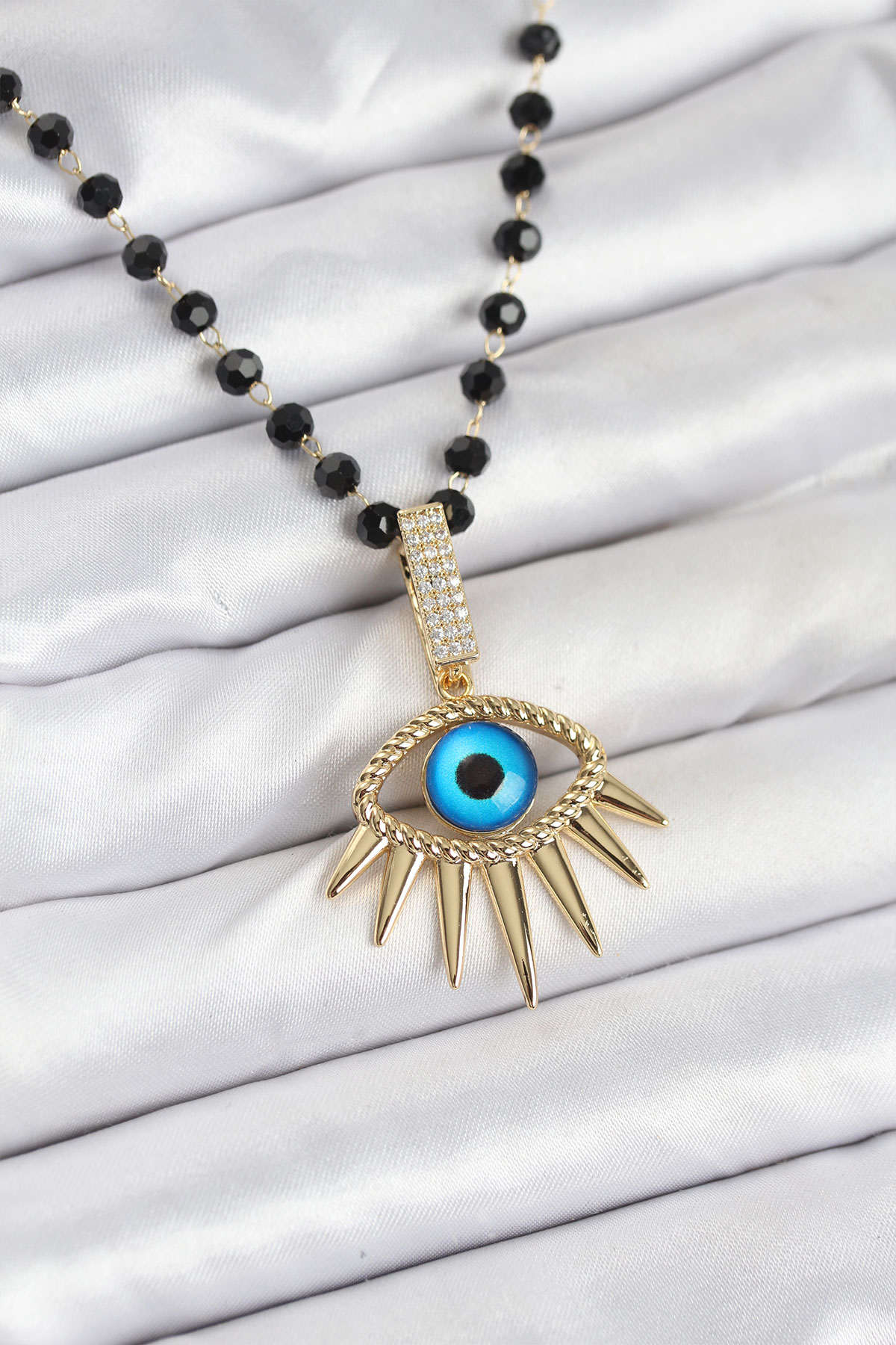 316L Çelik Zincir Kristal Boncuklu Göz Model Kadın Kolye