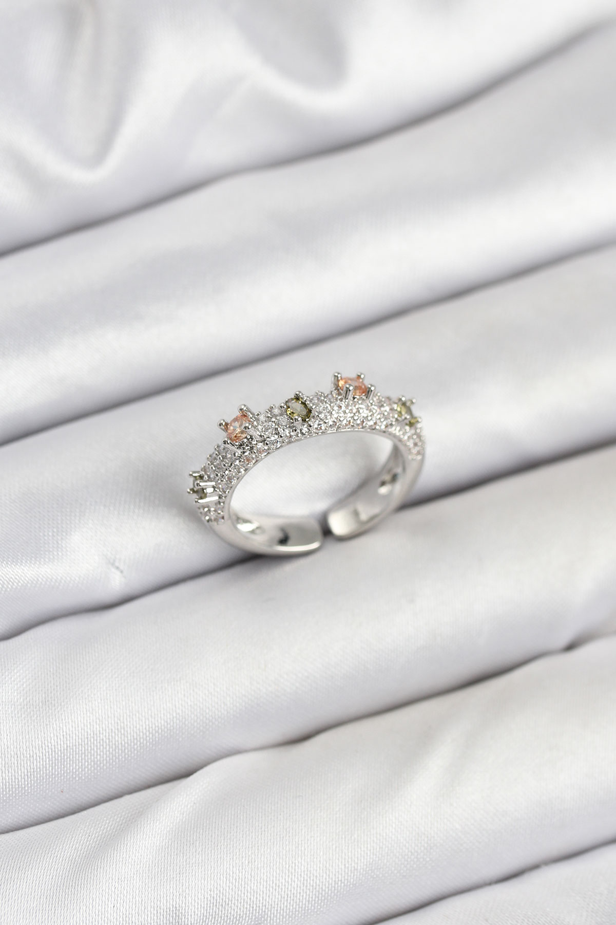 Pirinç Gümüş Renk Zirkon Taşlı Vintage Kadın Yüzük