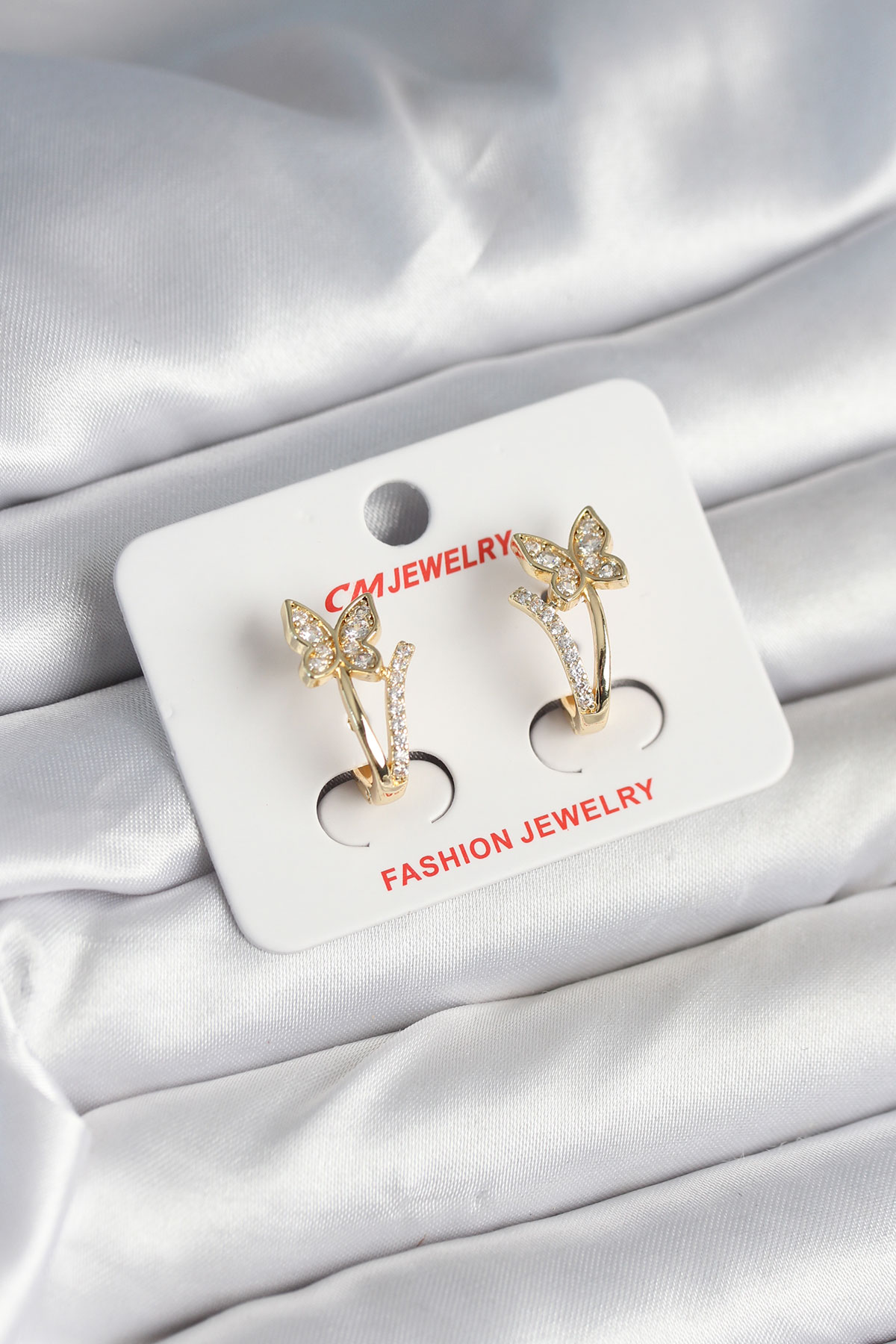 Pirinç Gold Renk Zirkon Taşlı Kelebek Model Kadın Küpe