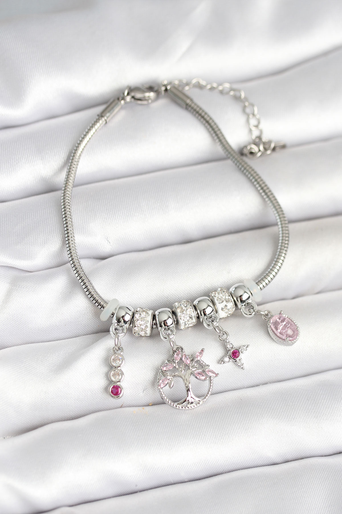 Pirinç Gümüş Renk Yaşam Ağacı Charmlı Kadın Bileklik