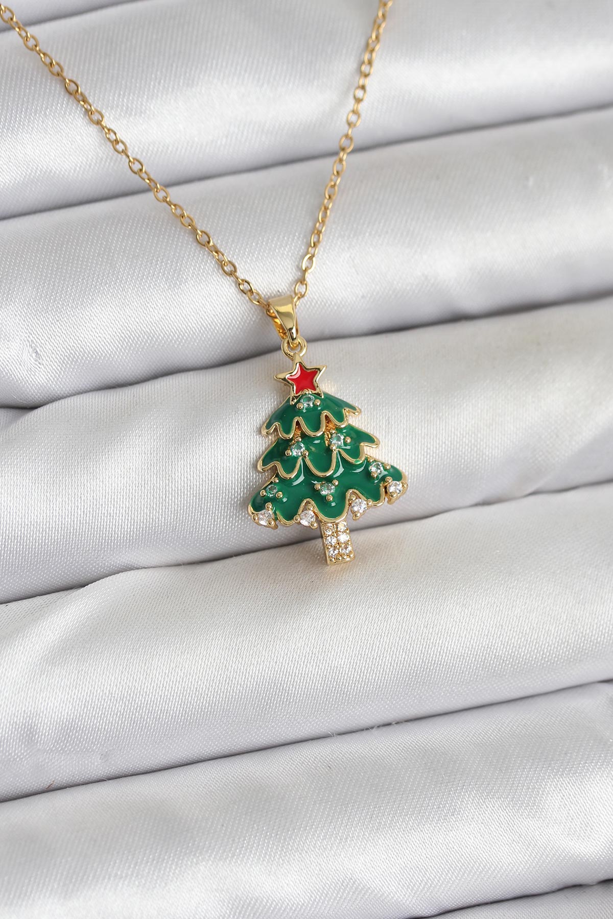 316L Çelik Zincir Gold Renk Çam Ağacı Model Yılbaşı Temalı Kadın Kolye