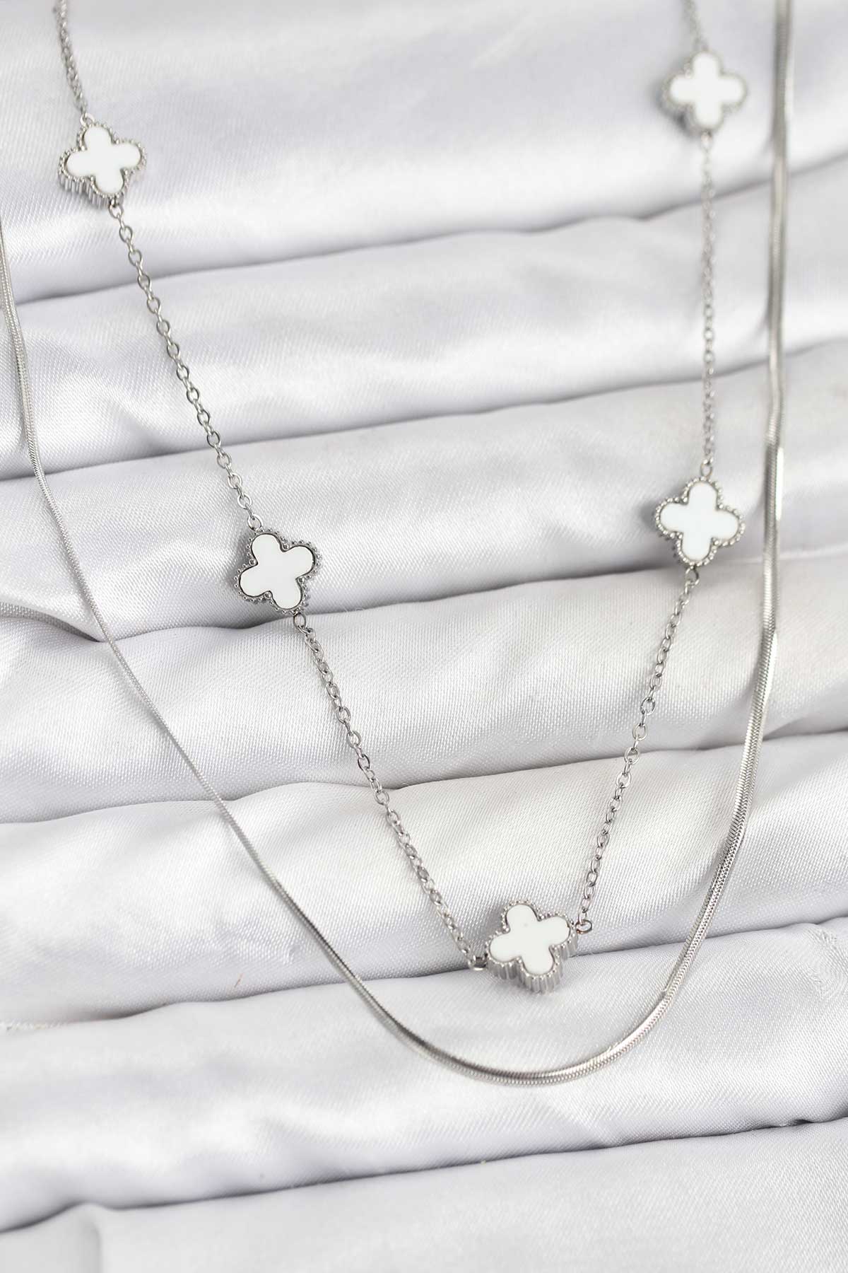 316L Çelik Zincir Gümüş Renk İtalyan Zincirli Yonca Model Kadın Kolye